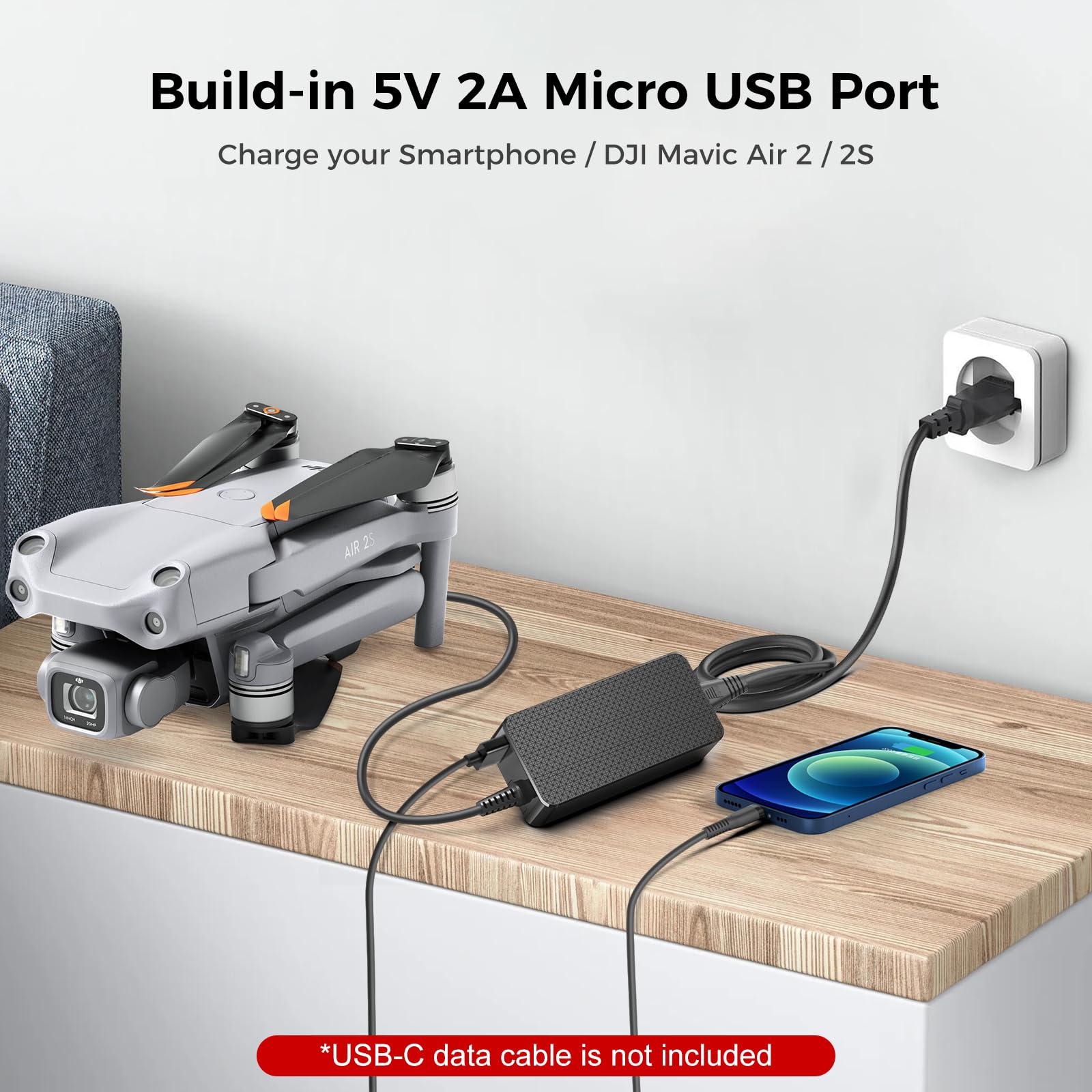KFD Chargeur 13,2 V 2,82 A pour DJI Air 2S Fly ‎More Combo Drone Caméra Chargeur de batterie Mavic Air 2S Câble d'alimentation Mavic-Air 2 AC DC Adaptateur DJI-Air 2 Drone Bloc d'alimentation