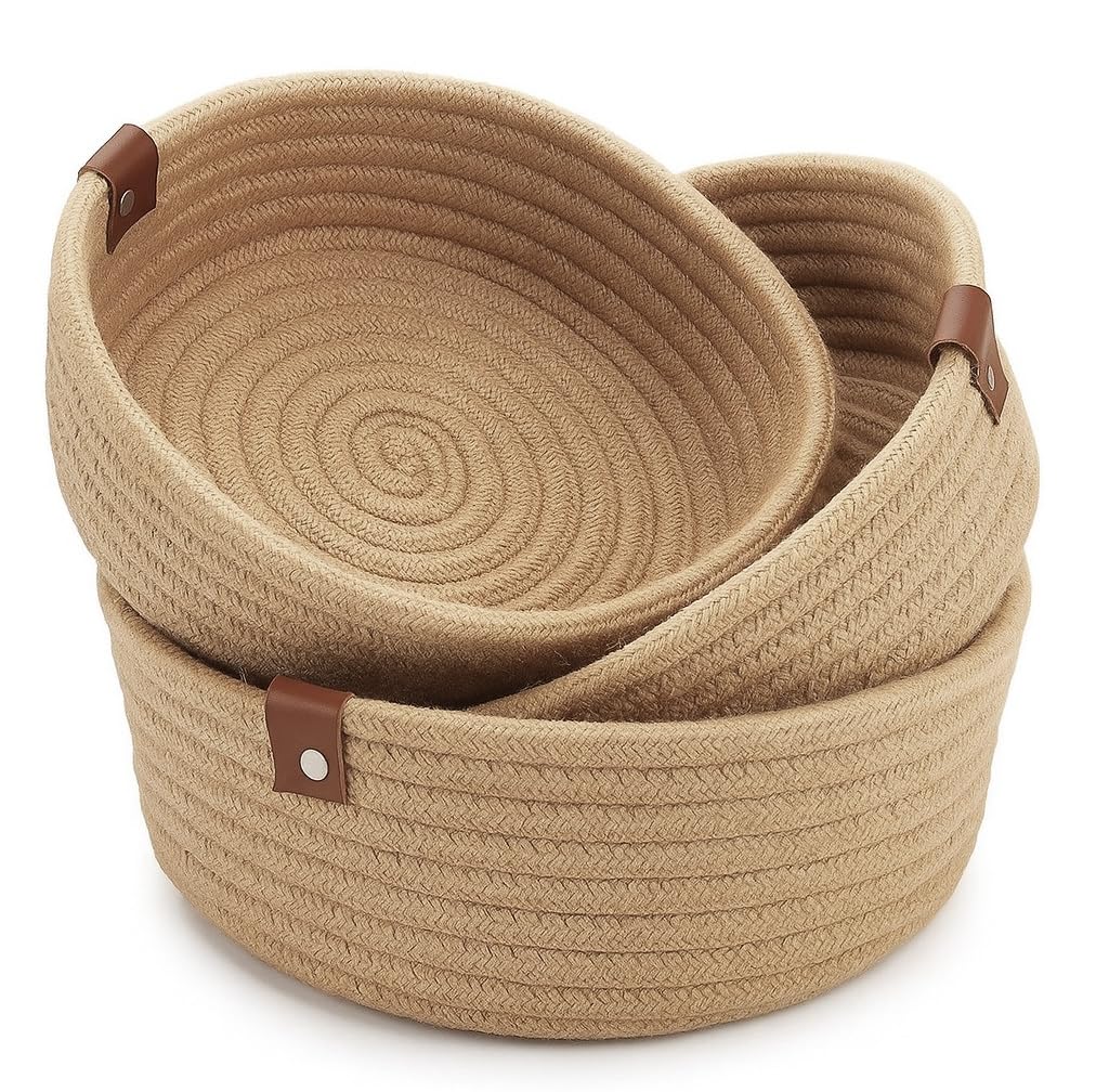 100% Natural Jute small box mini rope paper storage Round hamper baby nursery tray bucket for Living Kitchen, Office, Drawing Room,fruits, kitchen, office, Set of 3 (BEIGE)-image-10