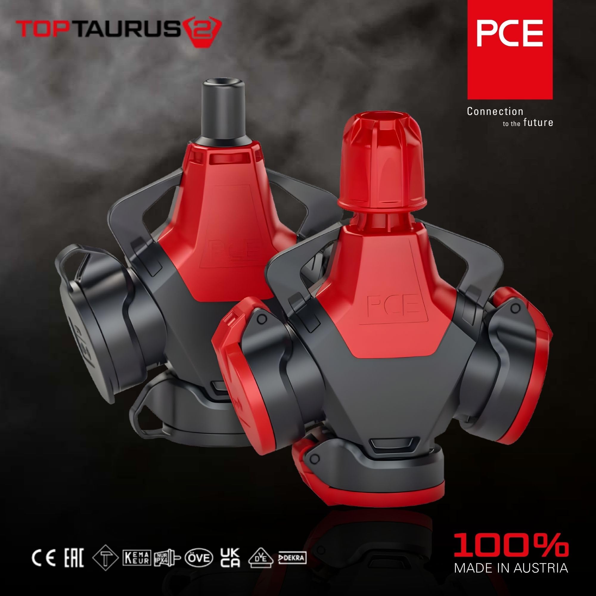 PCE 253822-sr TopTaurus2 3-Wegekupplung Vollgummi IP54 Schutzkontakt | Robustes Gehäuse mit Klappdeckel für Baustelle & Outdoor, TPE-Kontaktträger, VDE-geprüft, Schutzart IP54, Farbe Rot