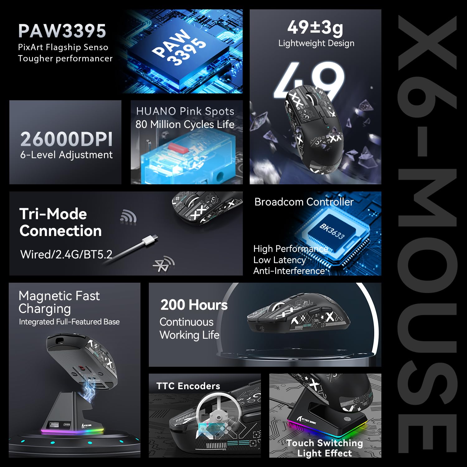 ATTACK SHARK X6 49g SUPERLIGHT Maus mit magnetischer Ladestation, PixArt PAW3395 Gaming-Sensor, BT/2,4G kabellose/kabelgebundene Gaming-Maus mit Band, 26000 DPI, X3 Upgrade-Mäuse für Win11 (Schwarziß)