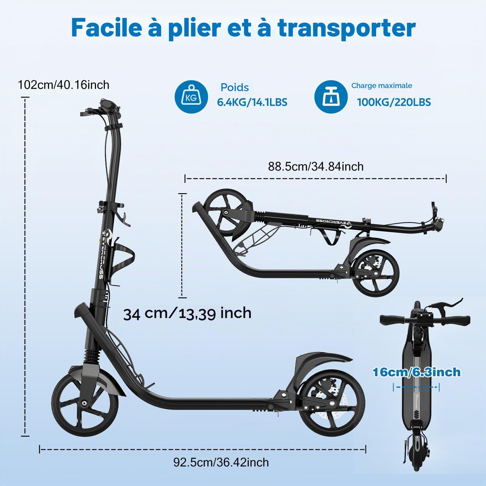 EVERCROSS K8 Stunt Scooter, Grande Roue 200mm Trottinette, Cityroller Réglable en Hauteur et Pliable, Stabiler Aluminium-Roller,Trottinette Sportive pour Enfants Jusqu'à 100kg, Double Frein