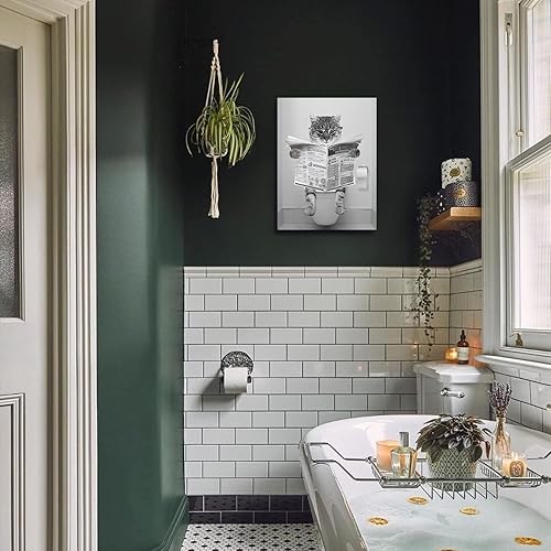 Miniatura 4 de Divertido lienzo de pared de gato en blanco y negro, decoración moderna de pared de baño, gato sentado en el inodoro, lectura de periódicos, pintura