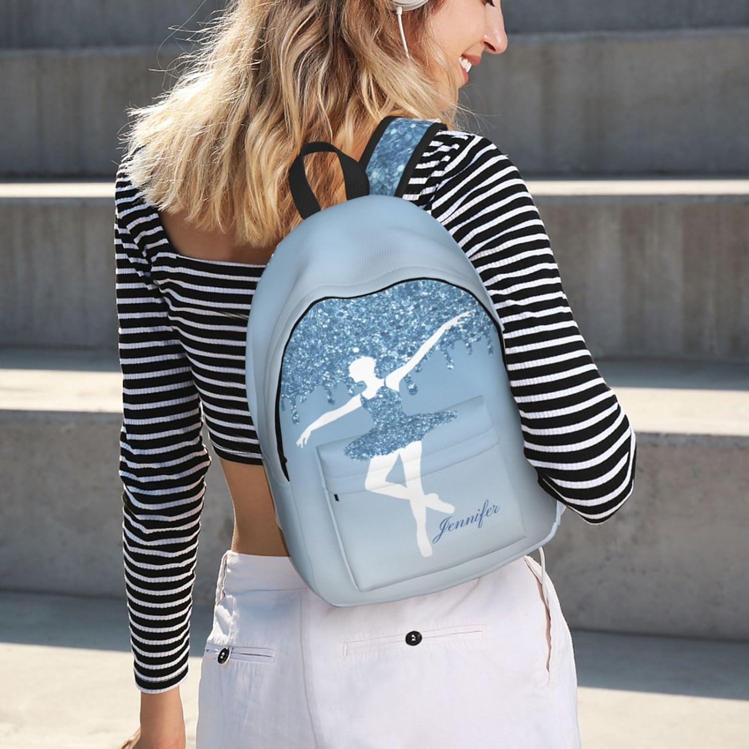 Generic Custom Ballet Dance Backpack Personalized Backpack with Name Customized Casual Bag Daypack for Woman Outdoor Hiking Travel Blue 17in