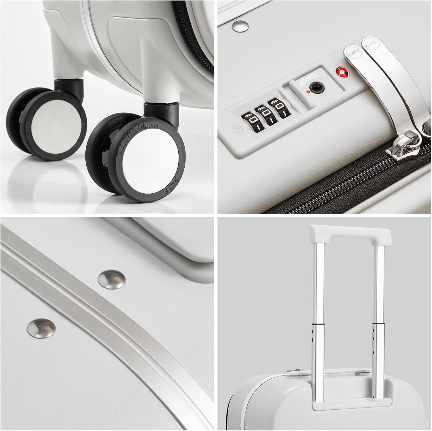 mixi Carry On Luggage, 18” Suitcase with Front Pocket, Travel Luggage Aluminum Frame PC Hardside with Spinner Wheels & TSA Lock and Cover (Not for Underseat), Smoke White