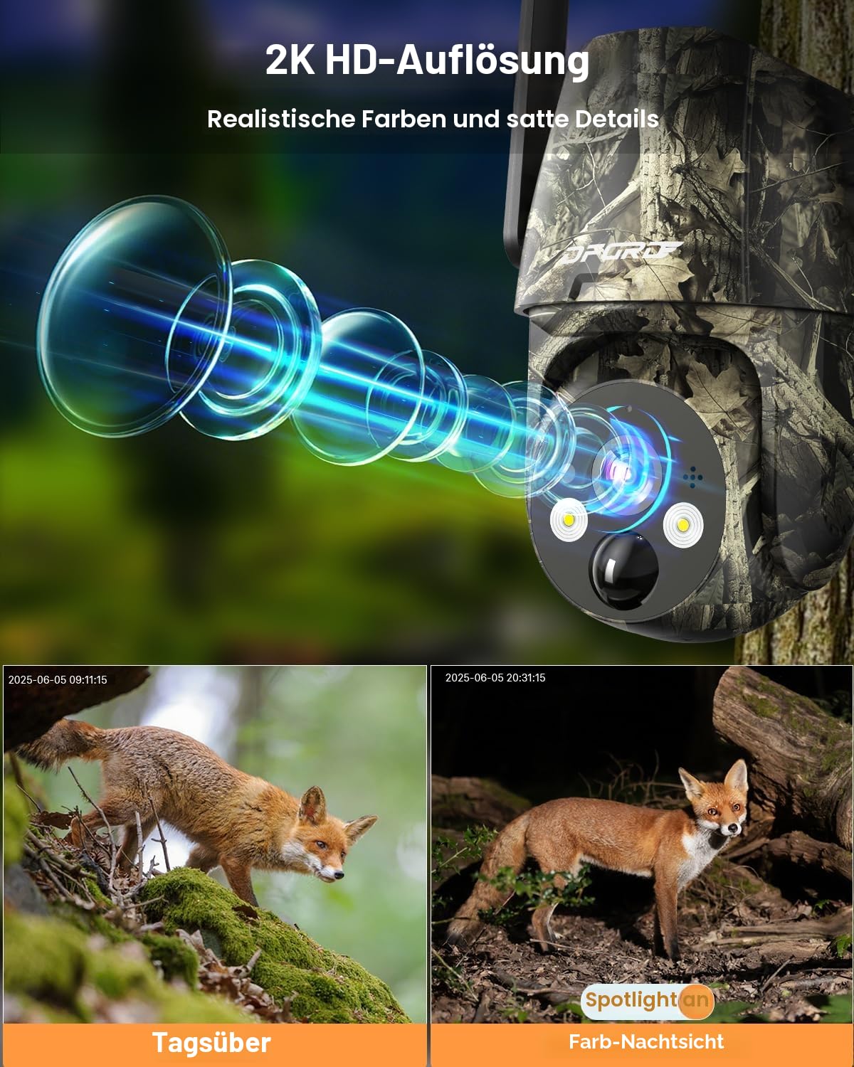 LTE Solar Wildkamera mit Bewegungsmelder, 2K Kabellos Überwachungskamera Aussen mit Handyübertragung App, PTZ Wildtierkamera mit SIM, 10400mAh Akku, Nachtsicht, IP66