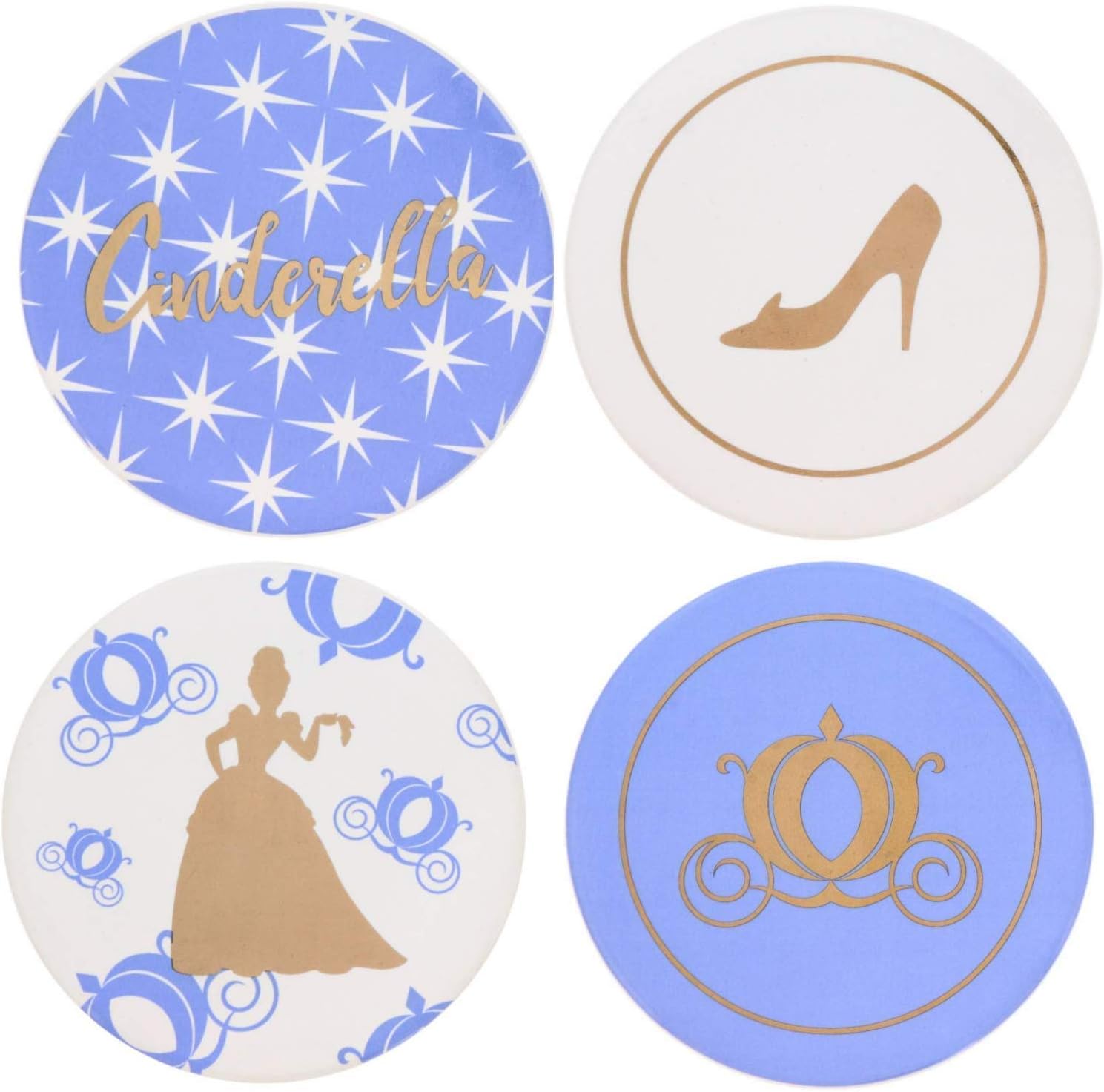 Cinderella Themed Coaster Set with 4 Unique Designs - Ceramic Coasters that Make Beautiful Home Accessories to Protect Tables from Drink Marks, Water Rings, and Scratches, 4 Piece Heavy Coasters