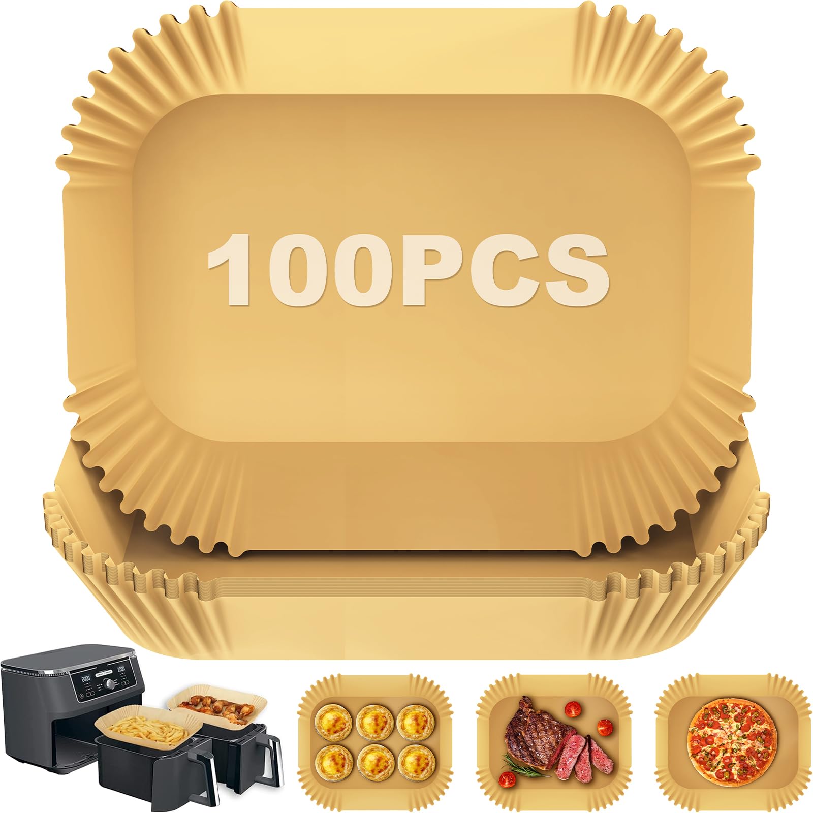 100 Pcs Air Fryer Liners Disposable, Rectangular Paper Air Fryer Liners Accessories (8×6×2 inch), Compatible with Ninja Dual AF500UK AF451UK AF400UK & Tower and Other Dual Zone Fryer