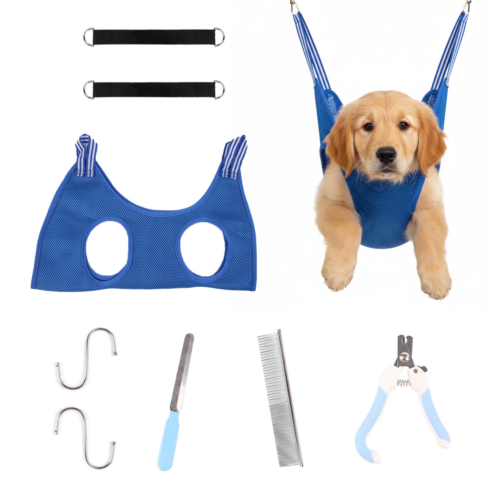 Dog Grooming Hammock Harness Kit, Breathable Dog Sling for Nail Clipping/Trimming, Adjustable Pet Grooming Restraint Bag with Clippers File Comb S-hooks Slings Grooming Supplies Kit for Claw Care