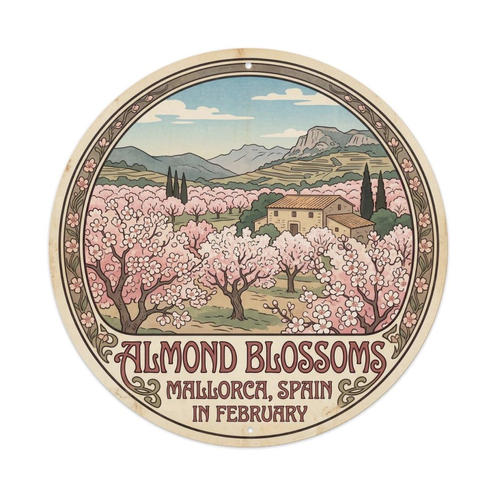 Okahys 8X8inch Classic Style Mallorca Almond Blossoms Balearic Travel Mediterranean Metal Tin Sign