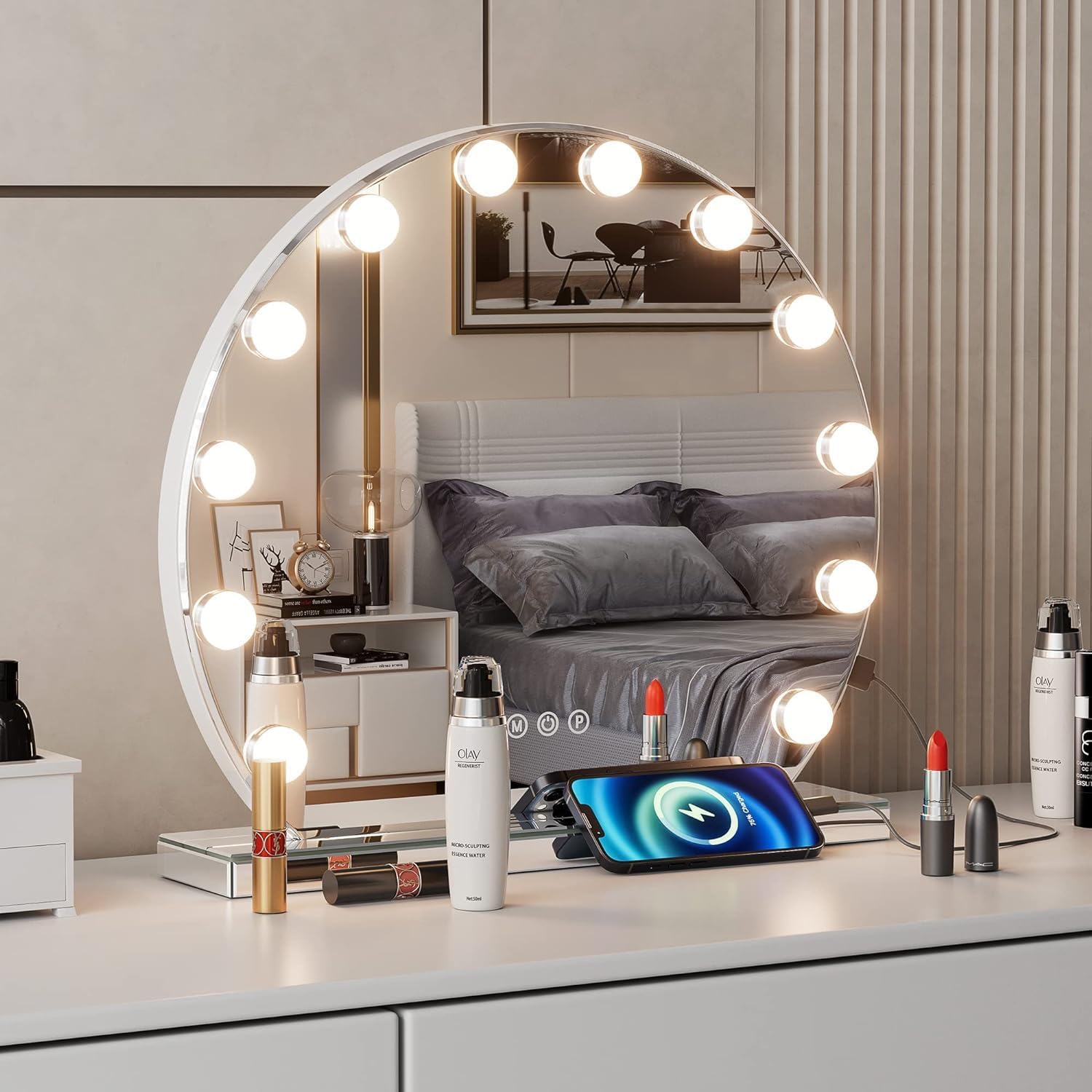 YOURLITE Hollywood Vanity Mirror with Lights, 12 Dimmable LED Bulbs, USB Charging Port, Round Makeup Mirror, 3 Lighting Modes, Touch Screen Control, Tabletop Mounted