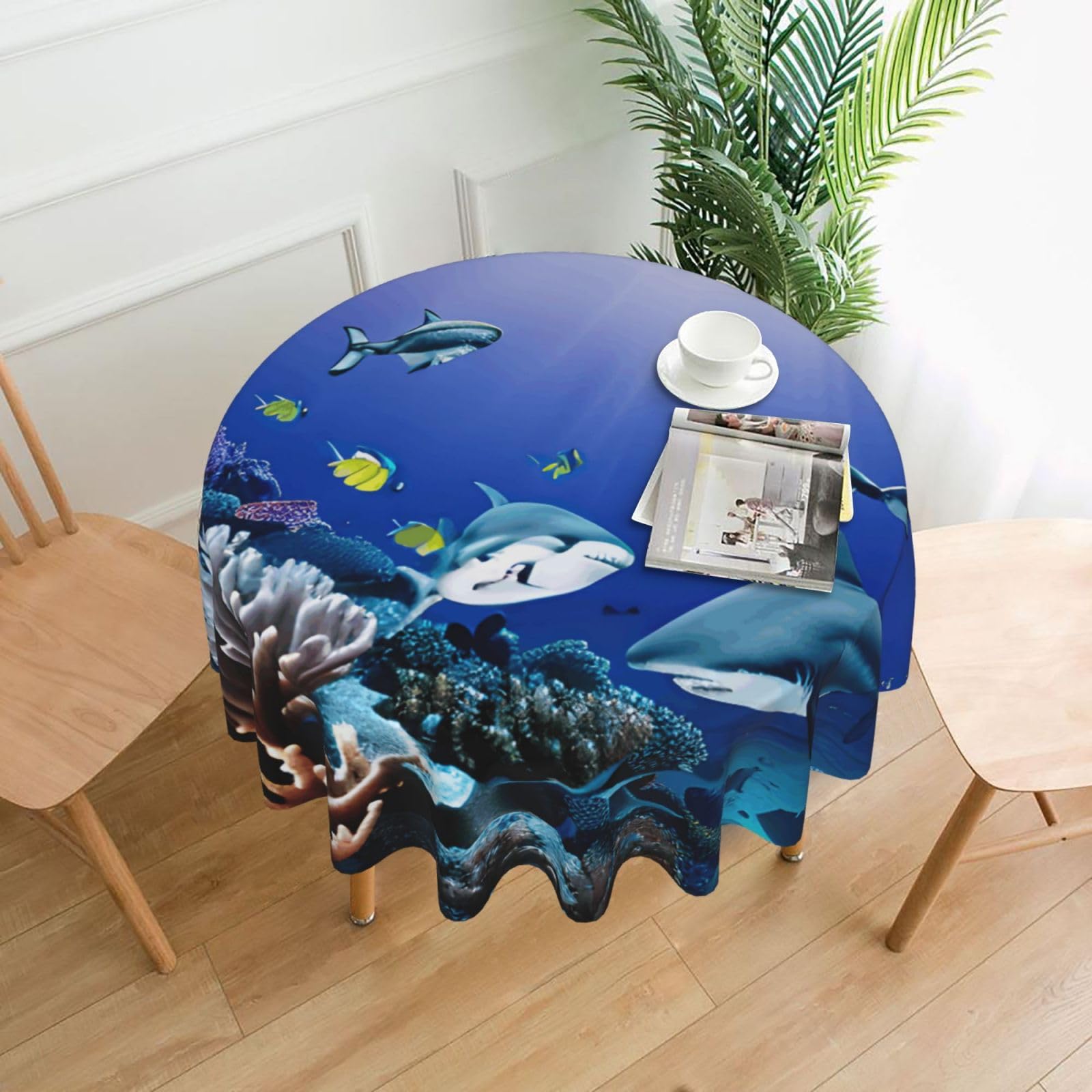 SDEGTHO Shark Swimming Under the Sea Print Modern Retro Round Tablecloth 60in Polyester Fabric Cover for Party Dining Table Washable
