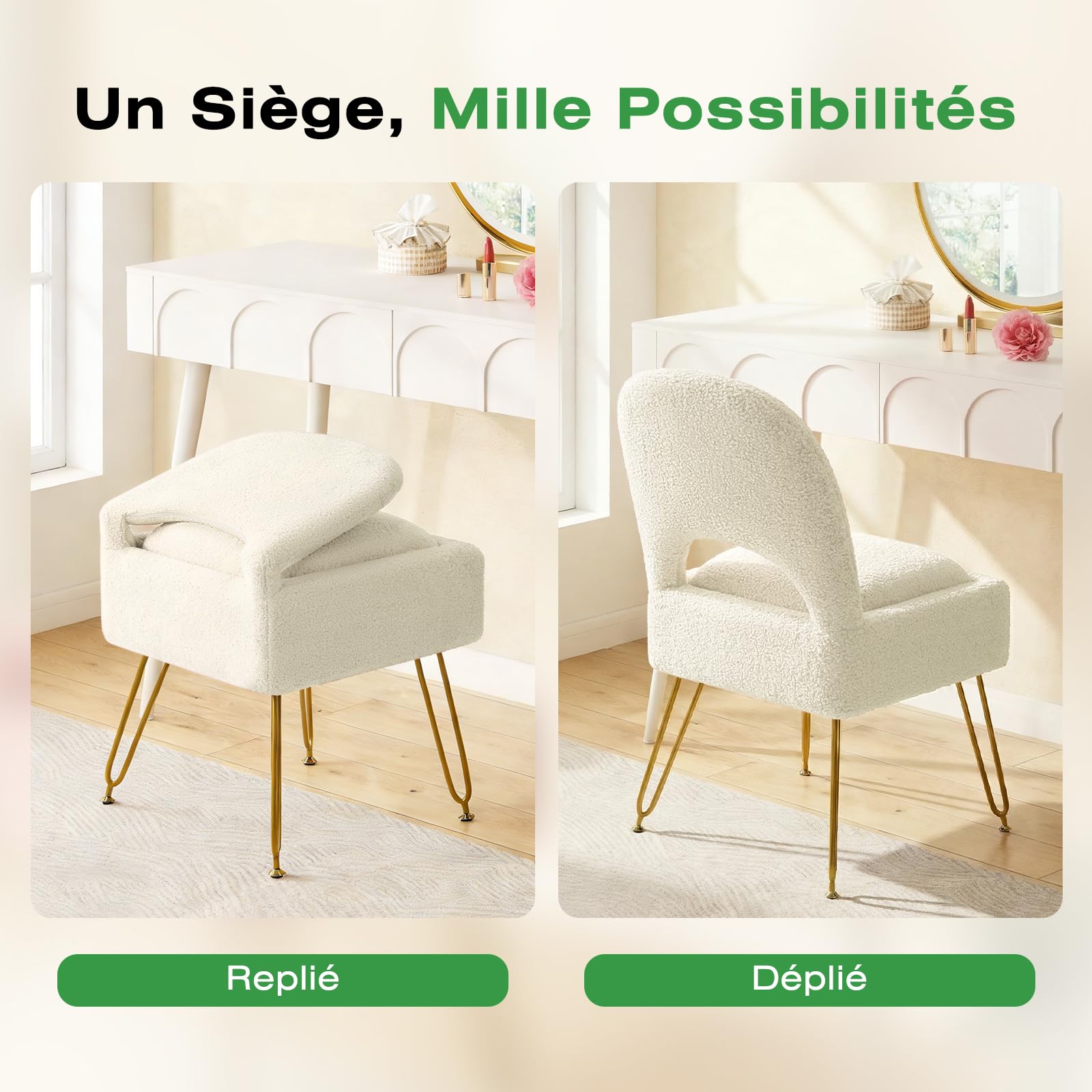 Hellove Tabouret Coiffeuse Sherpa avec Dossier & Rangement – Chaise Coiffeuse à Pieds Dorés, Pouf Rembourré pour Salon, Chambre, Siège 42 cm, Espace de Stockage 11L, Blanche
