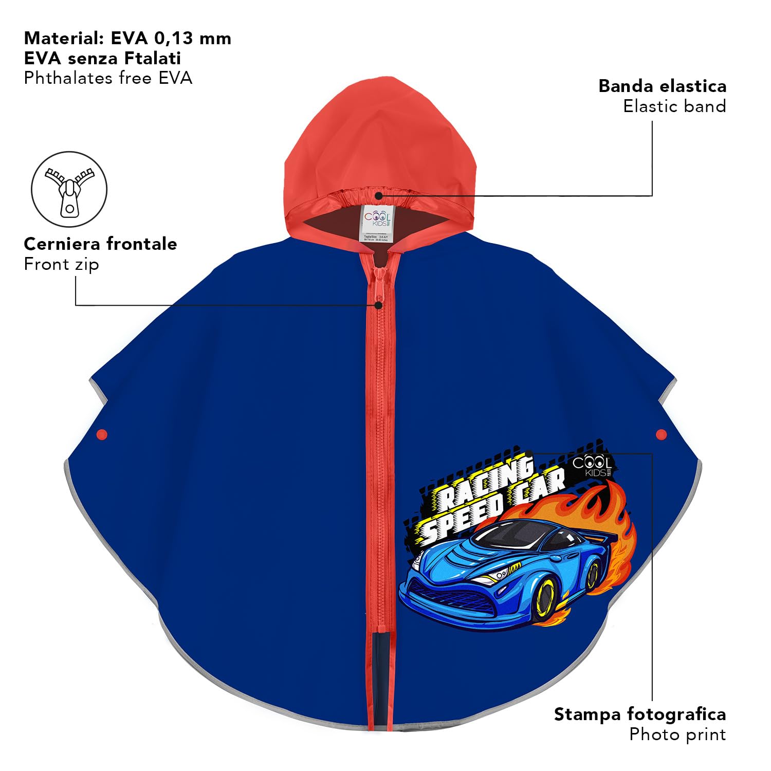 PERLETTI Regenponcho Kinder 3 4 5 6 Jahre mit Wasserdichtem Reißverschluss - Reflektierende Regen Poncho Mantel Cape Kindergarten Kleinkind Jüngen