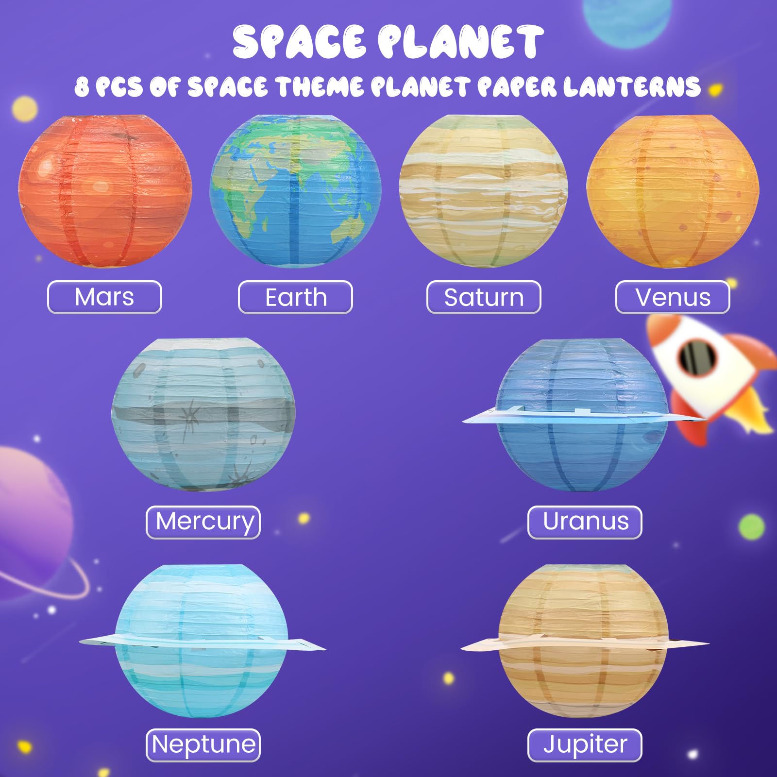 8Pcs Space Paper Lanterns, Outer Space Party Decorations, Planet Paper Lanterns, 25cm Diameter Solar System Planets Lantern for Kids Space Theme Party Birthday Room Decorations