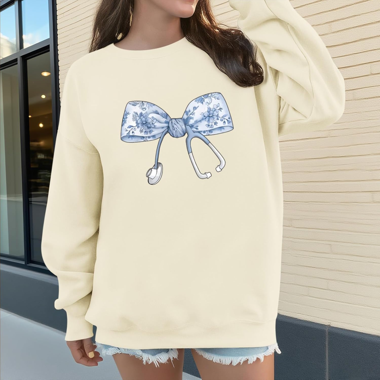 Nurse Sweatshirts for Women Bow Stethoscope Sweatshirt Floral Flower Long Sleeve Shirts Graphic Crewneck Pullover - Image 2