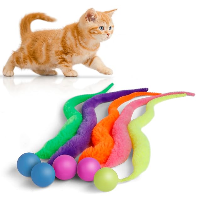 SHENGSEN Bouncy Tails Juguetes para gatos, paquete de 5, gusano mágico con bola de juguete para gatos