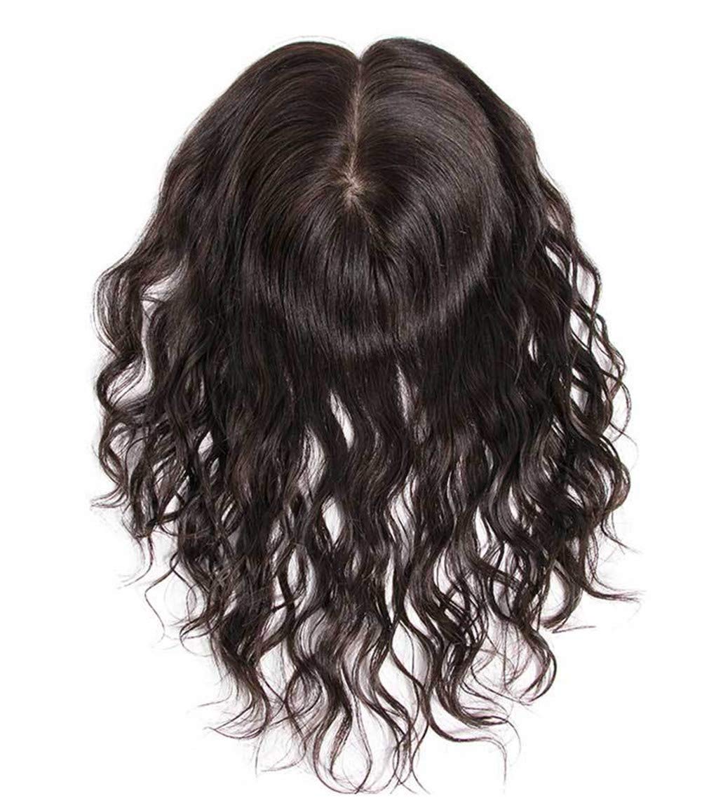 Silk Base Human Hair Forehead Topper Hairpieces for Women, 5.5" x 5.5" Hand Tied Curly Hair Pieces for Female Baldness, 8" Dark Brown