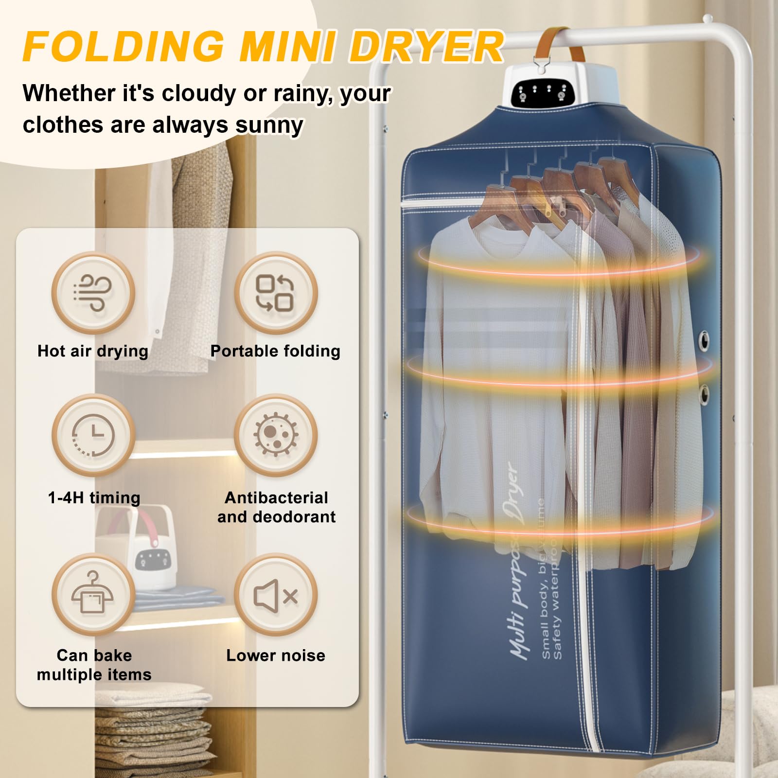 Roadtime Secadora de ropa portátil, 800 W, minisecadora eléctrica con bolsa de lavandería, temporizador de 4H, secadora con calefacción para el hogar, lavandería, viajes, enchufe de la UE (azul)