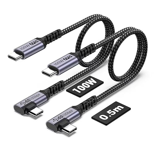 Miniatura 1 de Cable USB C corto de 100 W, ángulo recto 3.1 1.5 pies, 2 paquetes, carga rápida de 5 A, cables de chip de marcador electrónico de datos de alta