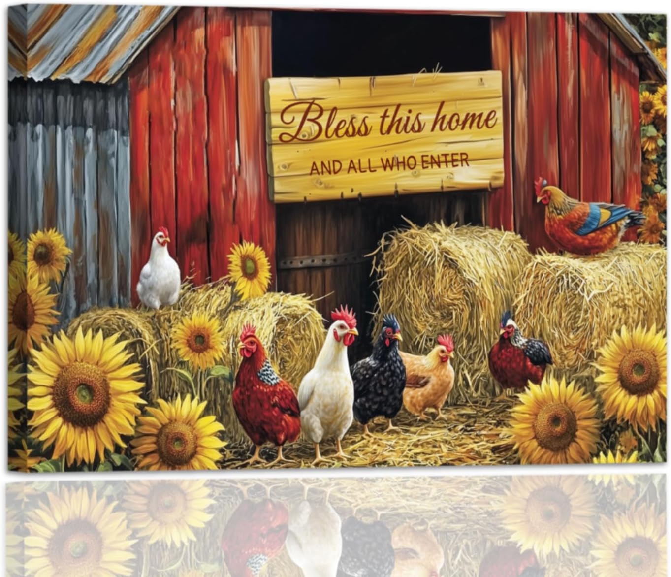 YMXDYMJSW Rooster Canvas Wall Art Chicken with Sunflower Pictures Farm Animal Prints Chicken Coop Paintings Inspirational Quotes Artwork for Kitchen Decor Frame (Red,12L x 18W)