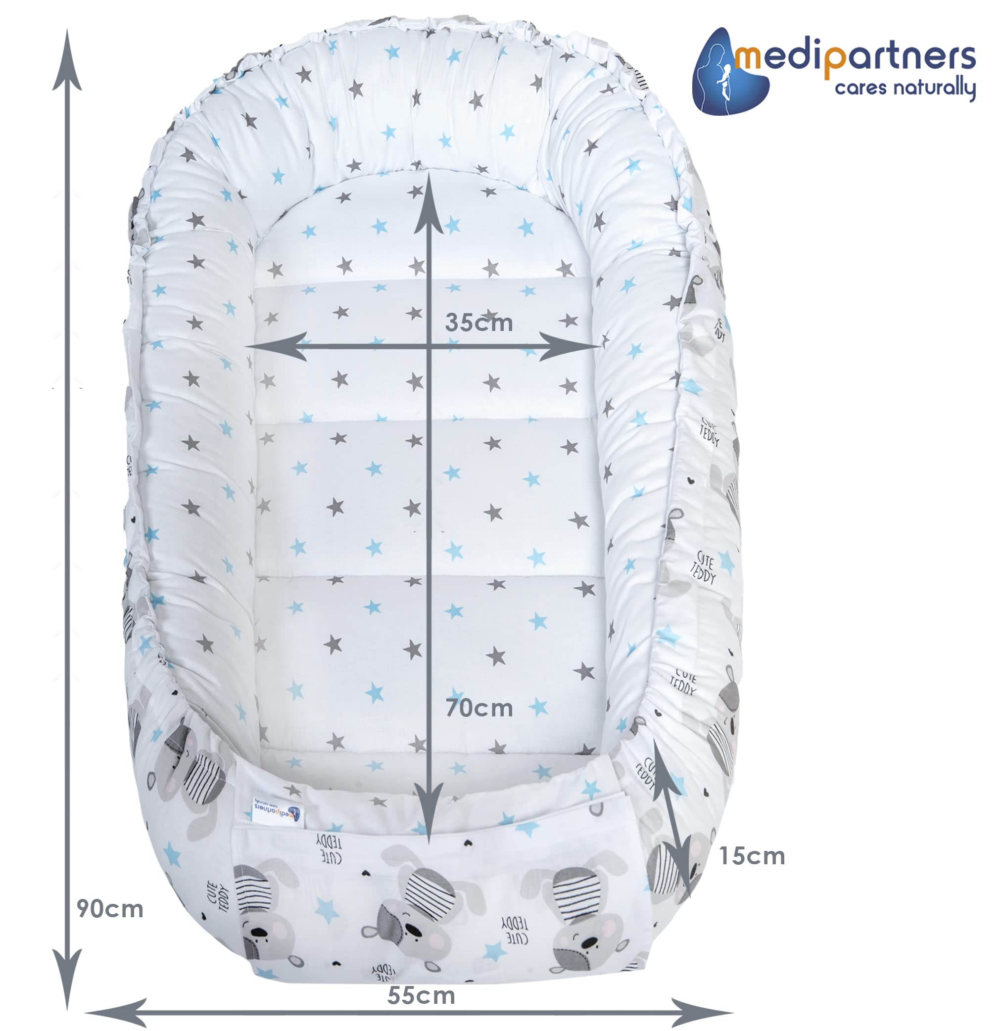 Set De 5 Piese Cosulet Bebe, Medi Partners, Model Caprioare In Frunze Cu Insertie Detasabila Perna Fluture Patura Perna Plata 100x60x15cm Gri 5903031420159