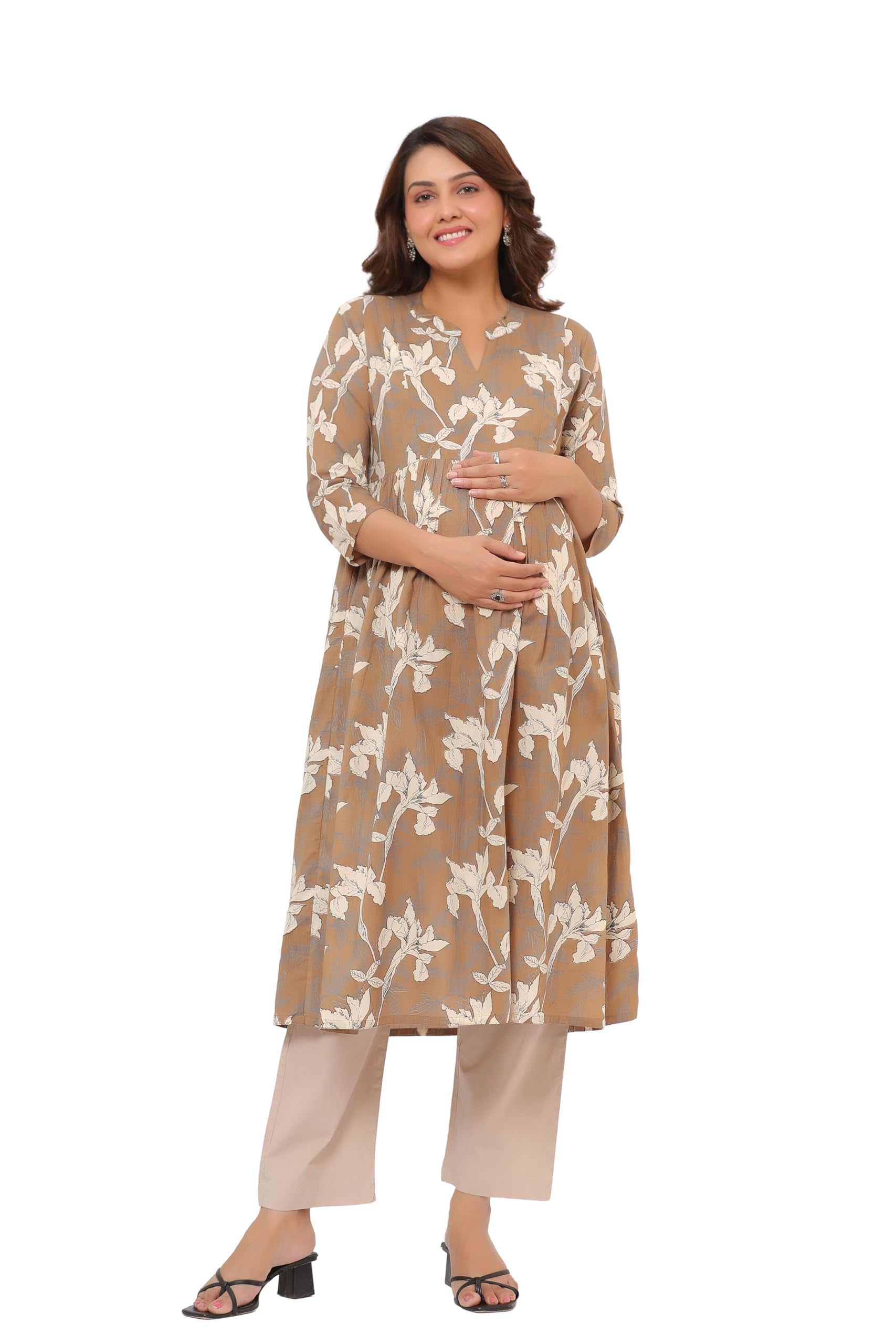 Pre & Post Maternity/Nursing Wear Hand Printed Kurta Cum Midi Dress/Nighty with Both Sides Zipper Easy Feeding to Be Moms & Nursing Mothers Cotton Latte Leaf-image-1