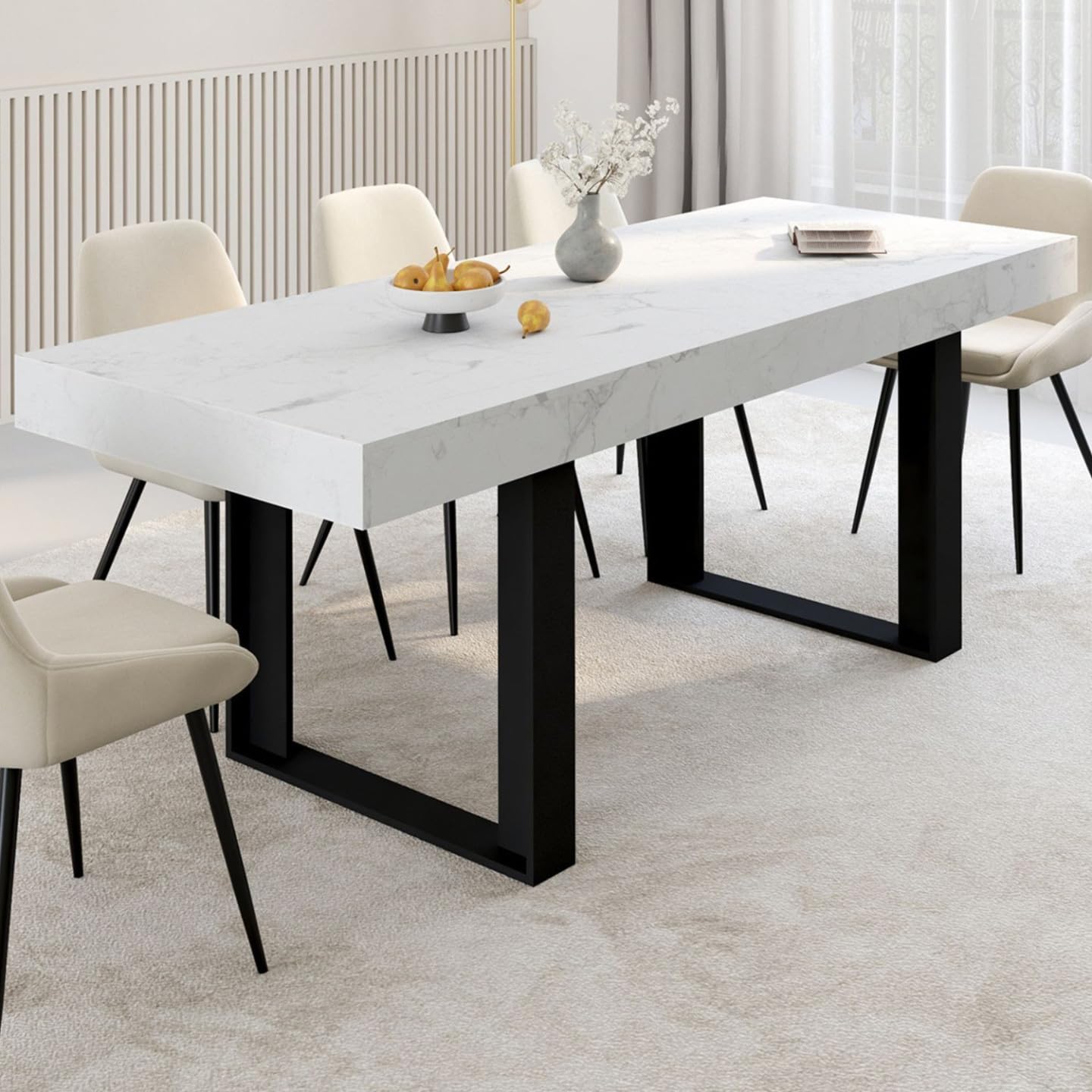 IDMarket Phoenix - Mesa de comedor extensible rectangular para 4-8 personas, bandeja de efecto mármol, blanco Alaska 160-200 cm