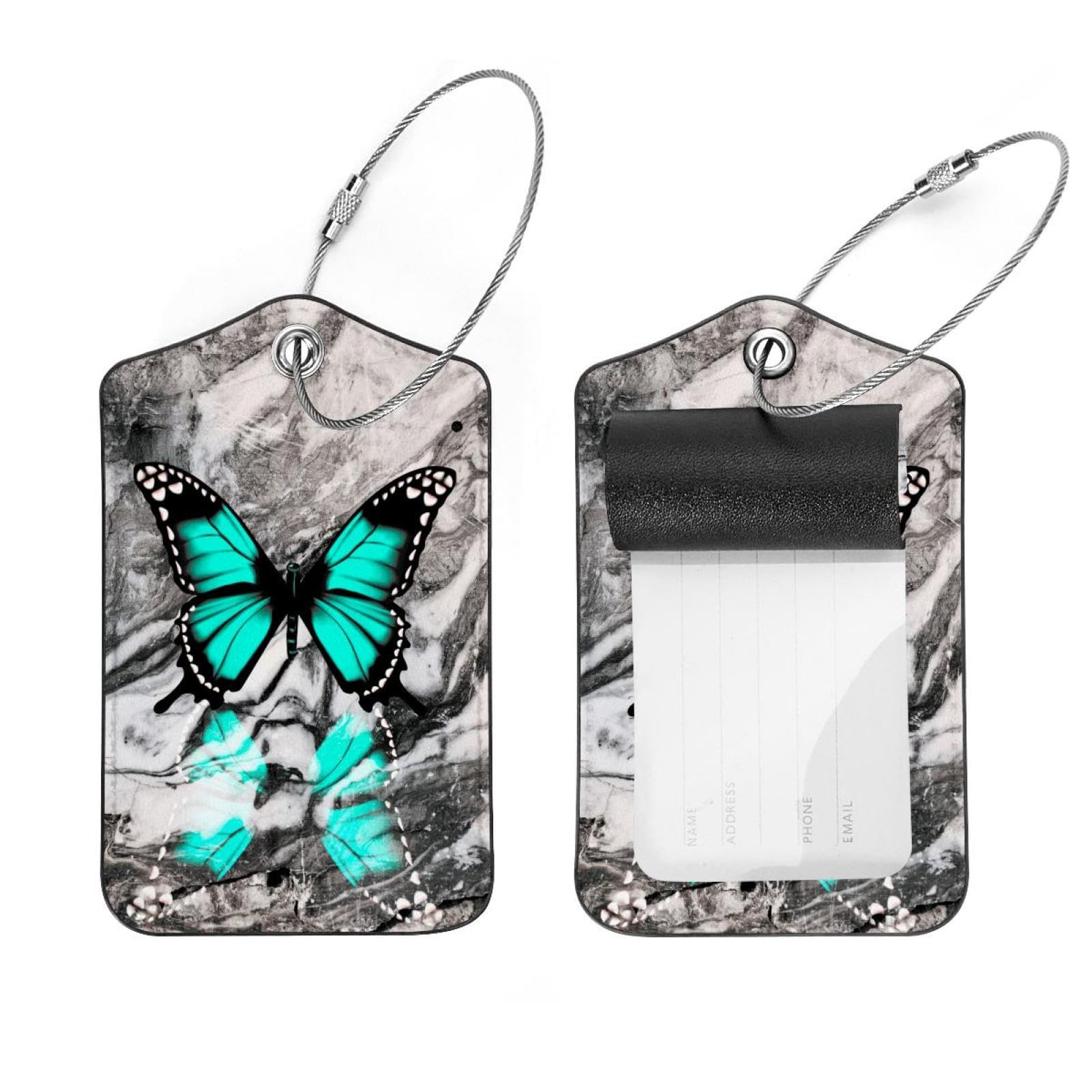 Set Di 2 Etichette Per Bagagli In Pelle Rosa Con Farfalla - Protezione Privacy, Anello In Acciaio Inox, Per Valigie E Viaggi - 4