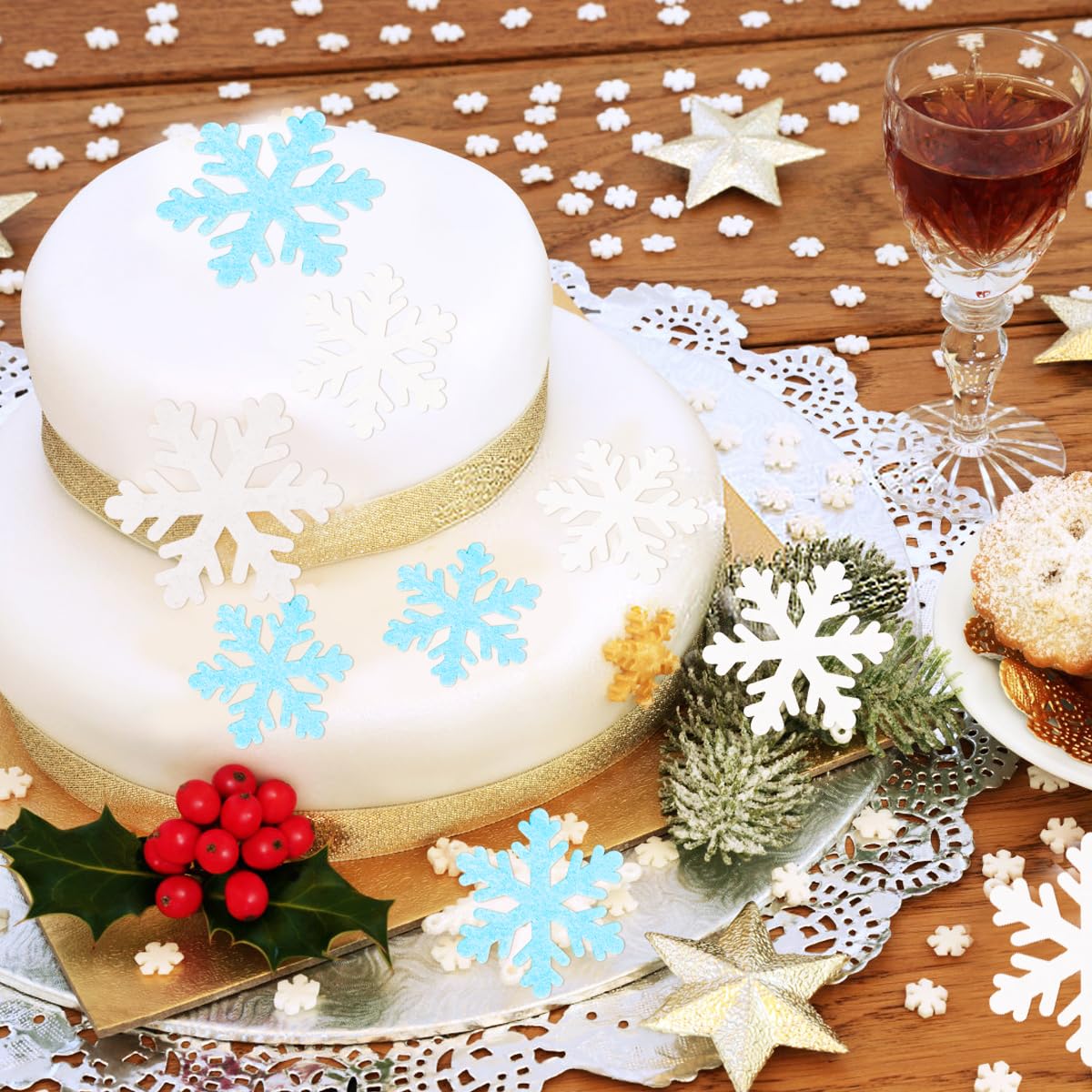 50 Decorazioni Per Cupcake A Forma Di Fiocco Di Neve - Bianche E Blu - In Carta Wafer Per Tema Invernale E Frozen - Confezione In Scatola Di Plastica