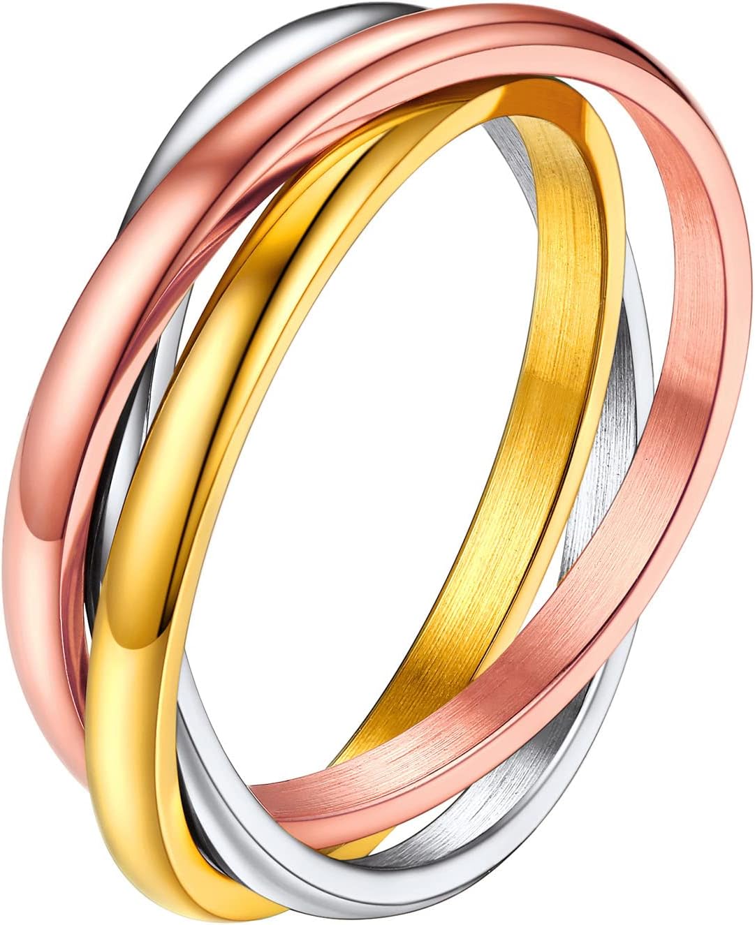 FOCALOOKTriple Interlocked Ring, Stacked Band Russian Wedding Ring Size H 1/2-Y, Polishing Silver Rose Gold Black Stainless Steel with Gift Wrapped