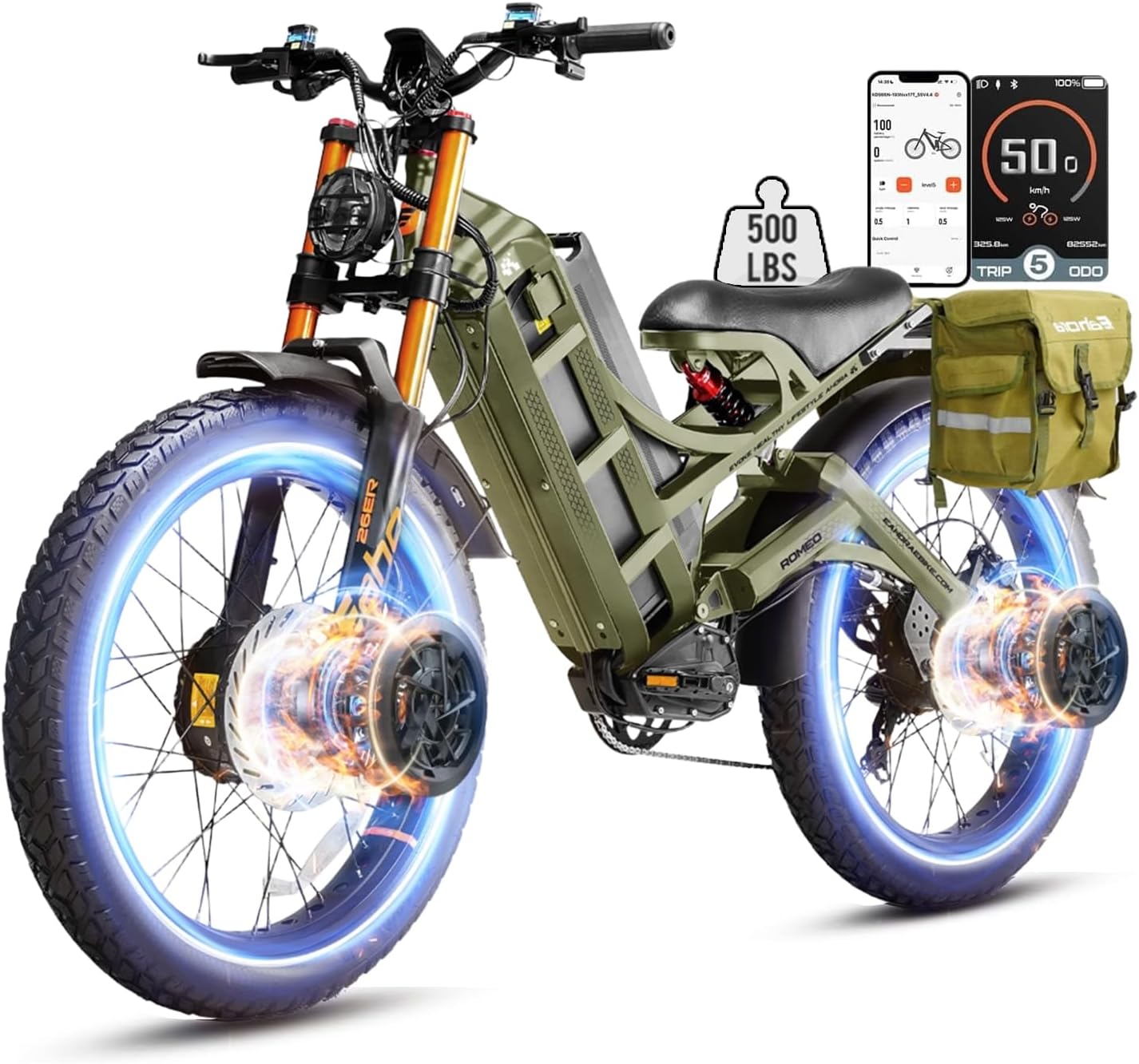 eAhora 2026 Romeo Electric Bike - Adults 40-50MPH 2500W/5600W Dual Motor 60V 80AH 250Miles Long Range Ebike, 26" Fat Tire Fast Electric Mountain Bike Full Suspension Off-Road E-Bike