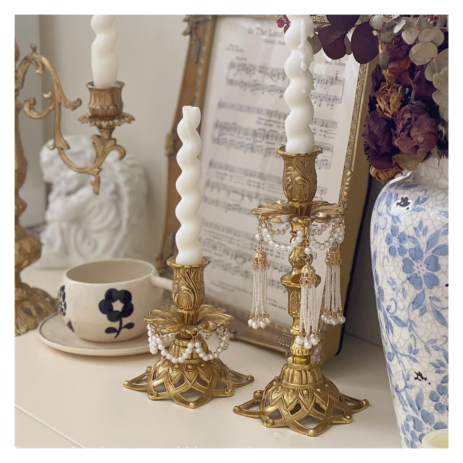 Portacandele Candele coniche con Nappe di Perle Candeliere in Ottone Decorazioni per la mensola del Camino