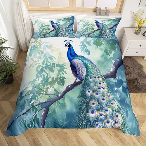 Chinoiserie Chic - Juego de funda de edredón con diseño de pavo real, diseño botánico de pájaro y ramas de árboles, vintage, tribal, vintage, plumas