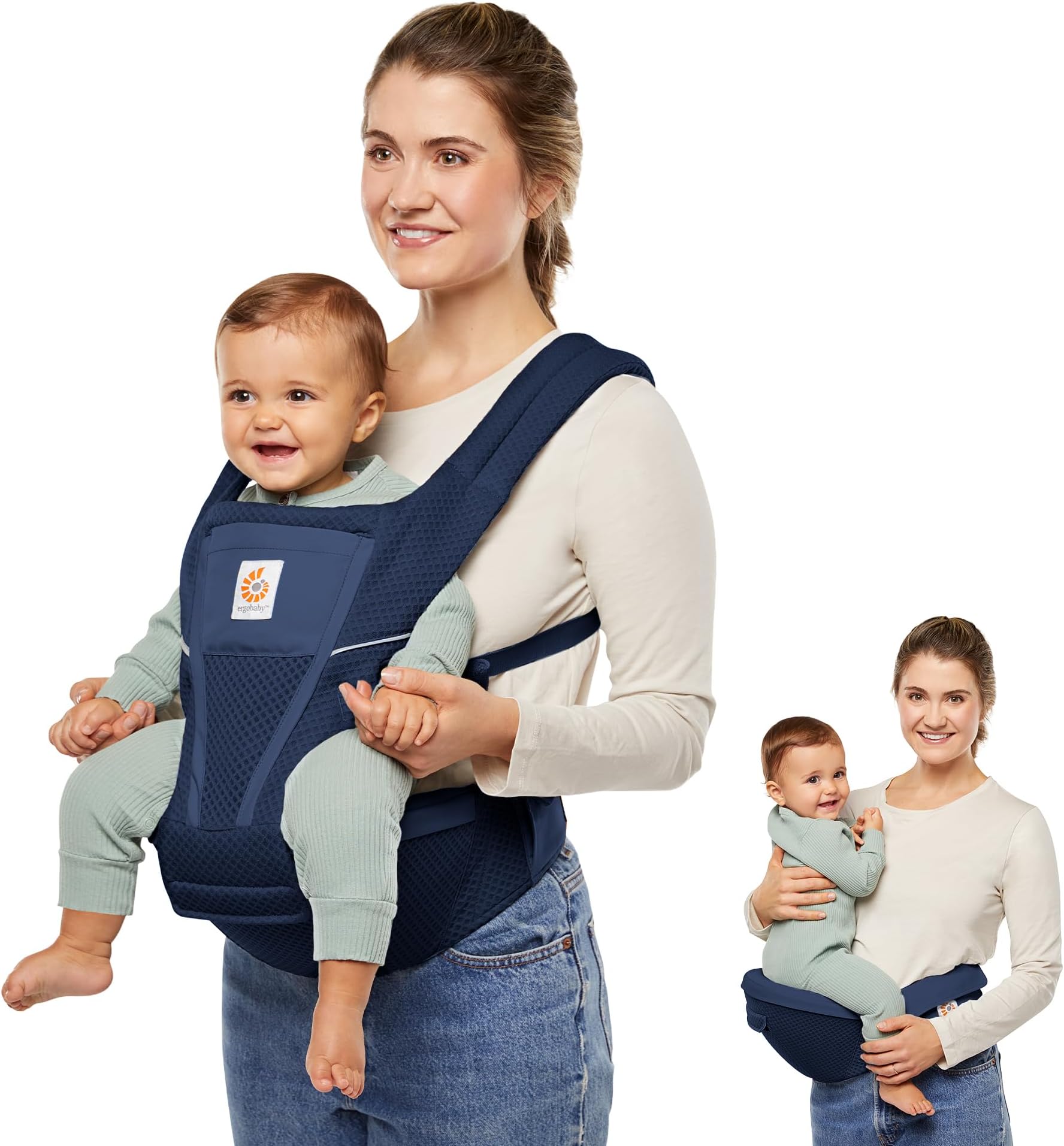 Ergobaby Alta Hip Seat Baby Carrier for Babies & Toddlers 4-48 Months (12-45 lbs) - 3-Position Convertible Ergonomic Baby Carrier with Storage Pocket, Sun Hood, Hip-Healthy Positioning - Midnight Blue