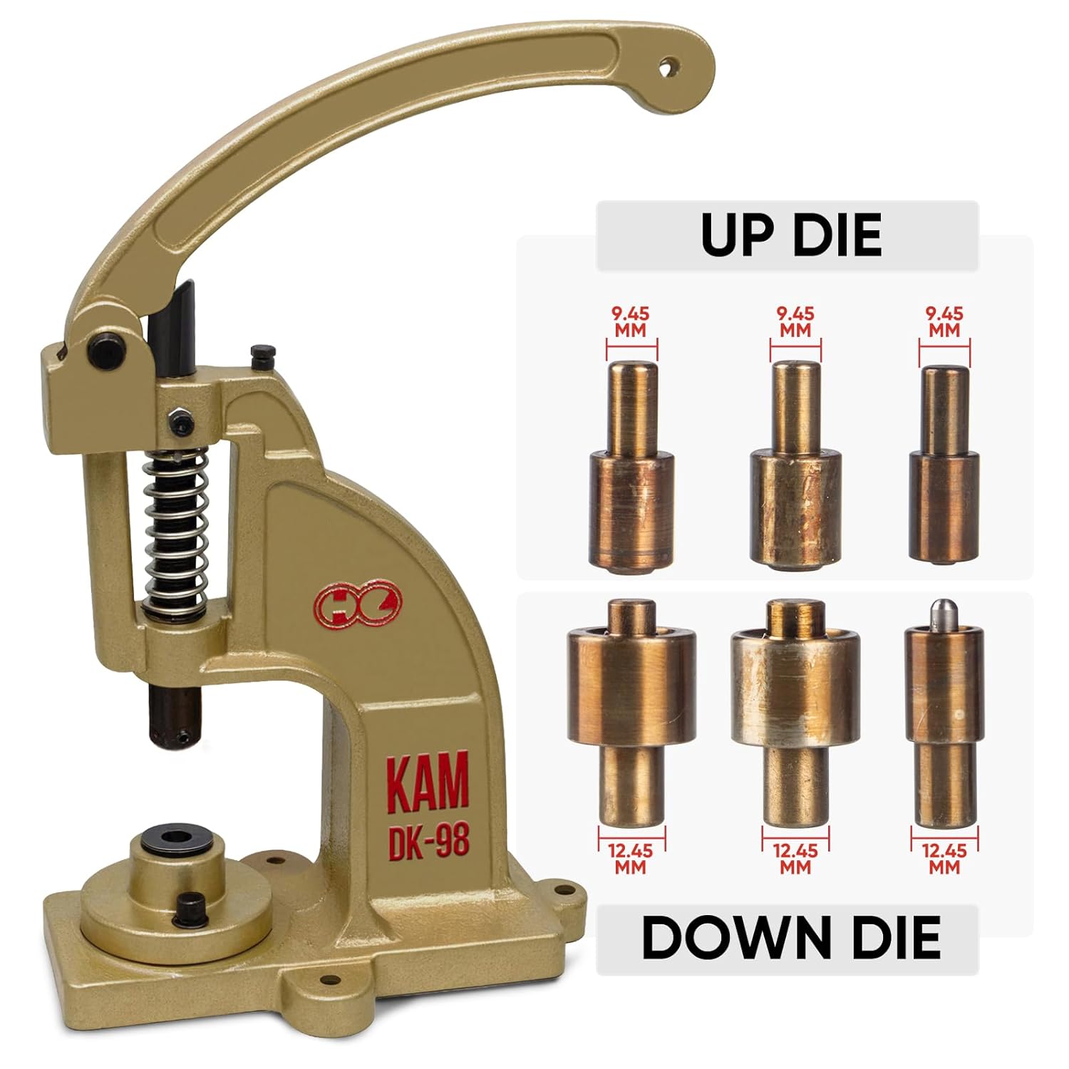 Grommet with die 1/8" (4mm)-1+3/16" (30mm).Eyelet with die Setter.Setting dies for Universal KAM Hand Press Machine DK93 and DK98. 24 sizes are aviliable (DK-98/1/2"/13mm/Black/300sets)