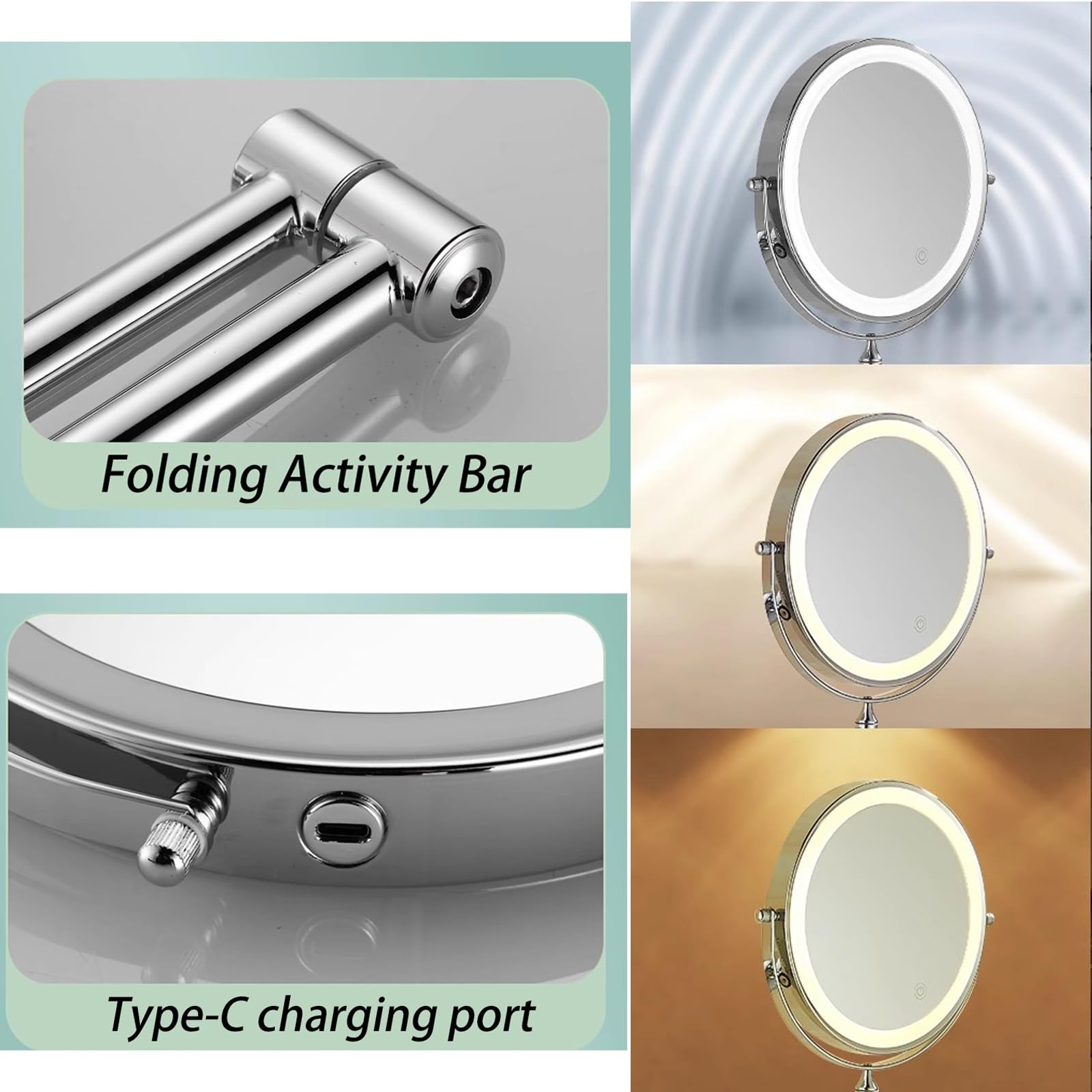 Specchio Trucco Con Luci Da Parete Oro Bagno Ingranditore Da Muro 5x/1x Con Braccio Estensibile Rotazione A 360° Bifacciale Braccio Telescopico Regolabile Modalità Luce A Tre Colori(Gold)