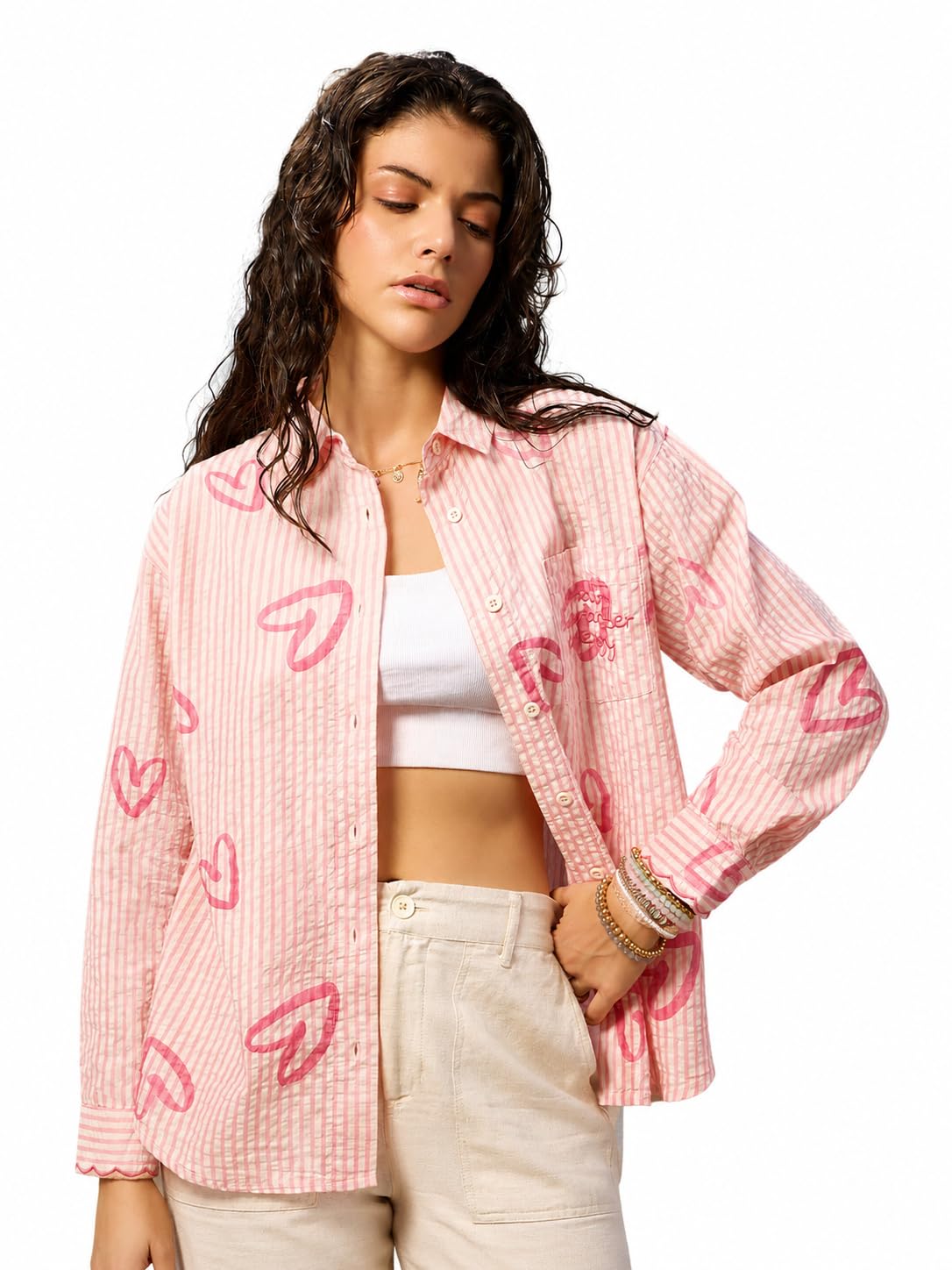 the souled store Textured Shirt: Women and Girls Full Length Sleeves Spread Collar Striped Embroidered Cotton Oversized Boyfriend Fit Lightweight Everyday Shirt-picture-49