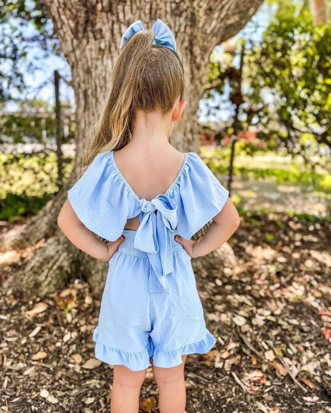 Arshiner Girls Summer Jumpsuits Tie Back Off Shoulder Short Sleeve One Piece Rompers Ruffle Smocked Casual Shorts Outfits - Image 4