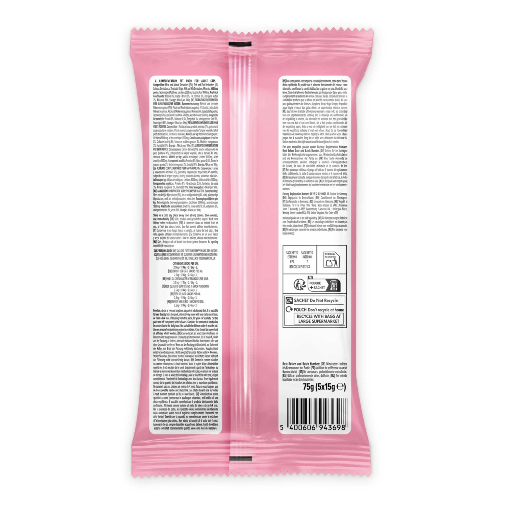 Amazon Snack leccabile per gatti, salmone, 5 x 15 g, 75 g