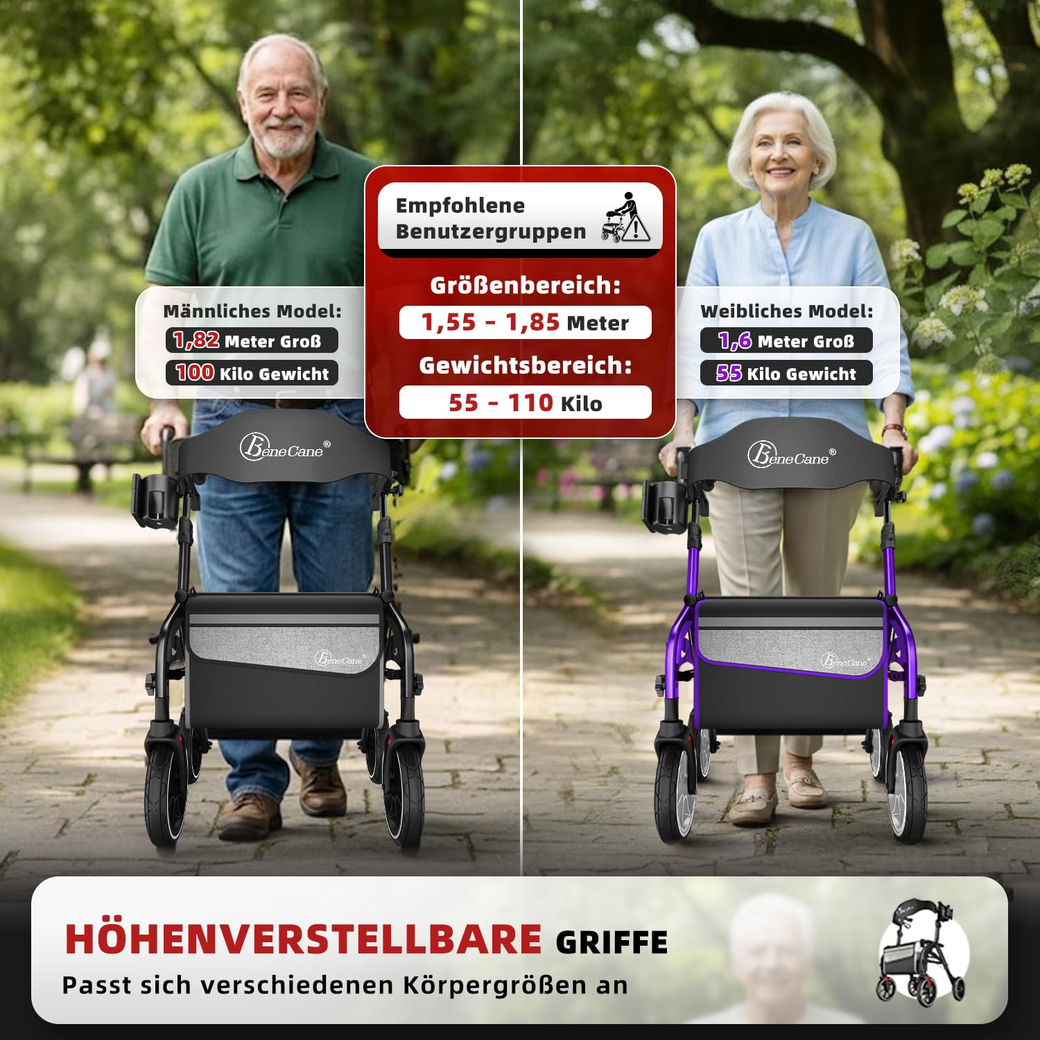BeneCane Andador Plegable y Ligero Outdoor como Ayuda para Caminar y Levantarse, Andador de Viaje Regulable en Altura con Asiento, para Personas Mayores con Bolsa y Correa para la Espalda