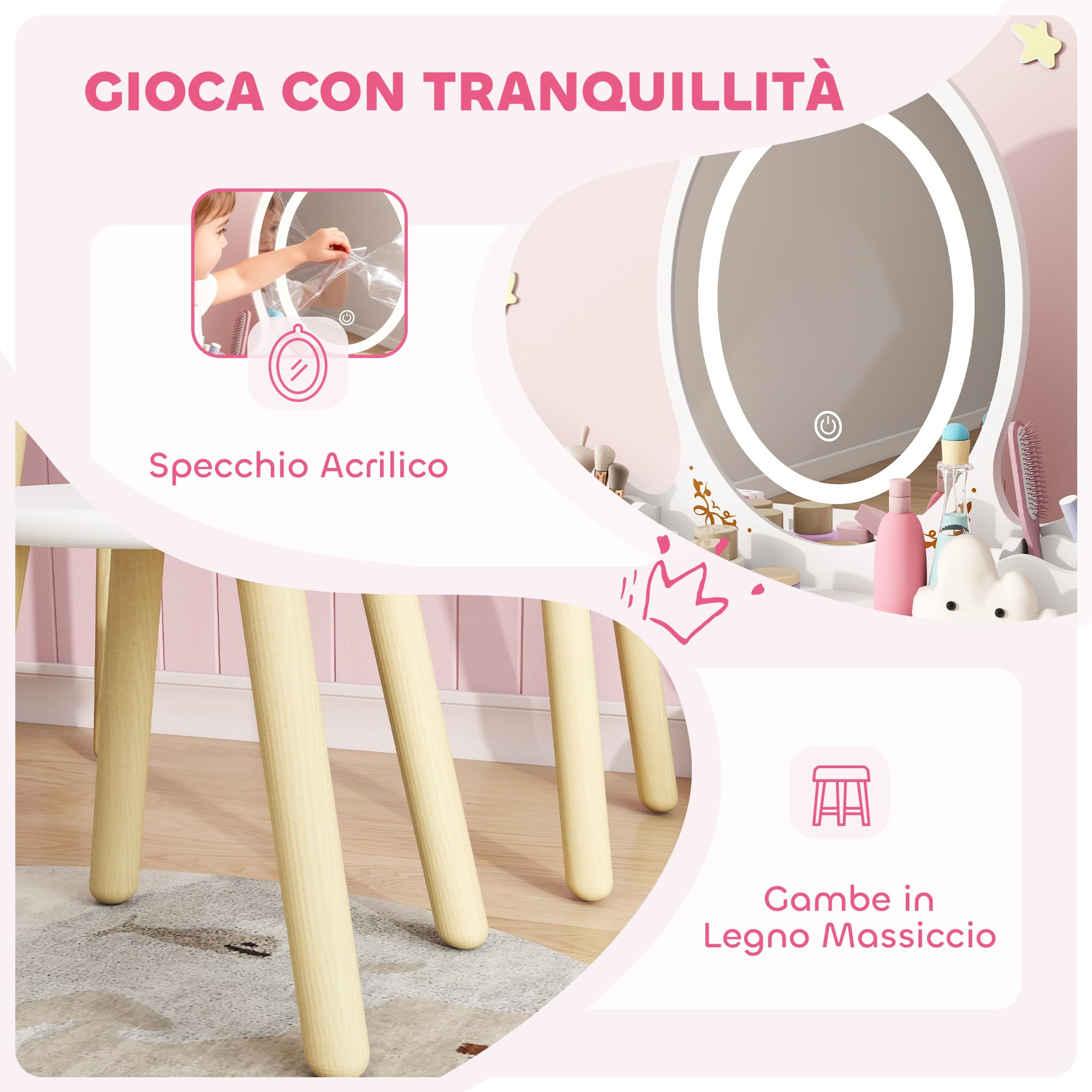AIYAPLAY Set Toeletta 2 in 1 con Specchio Illuminato e Sgabello, Tavolo da Trucco con Luce LED a 3 Colori, 2 Cassetti e 2 Scatole in Legno, Tavolino per Bambini da 3+ Anni, Bianco