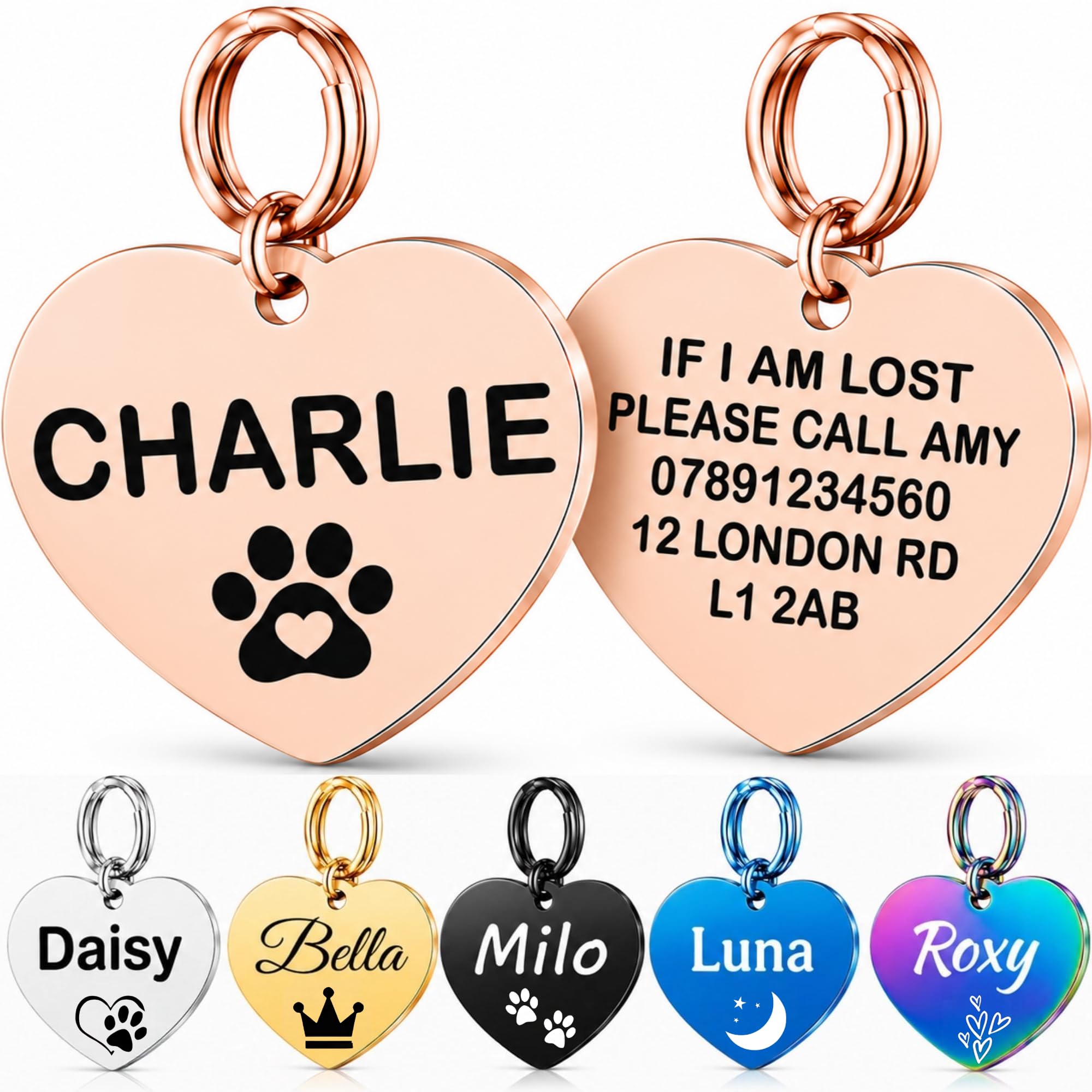 Personalised Dog Tags for Pets UK Prime, Deep Engraved Stainless Steel Cat & Dog Name ID Tags, Custom Anti-Lost Pet Tag, Scratch Rust & Fade Resistant for Puppy Kitten (Champagne Gold Heart, S)