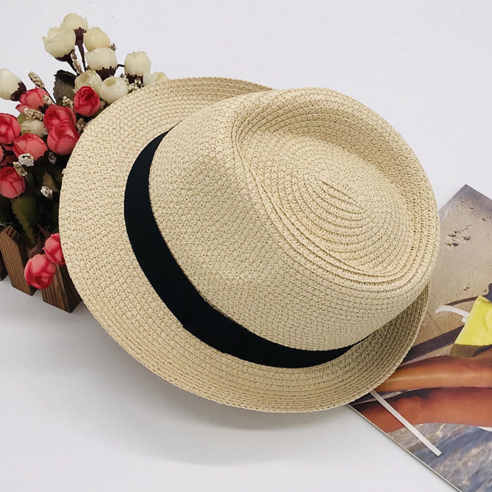 YJZQ Cappello di paglia, stile Panama, per bambini, estivo, cappellino pieghevole, cappello da sole, per spiaggia, cappello tradizionale panama, per il tempo libero per la testa, 52-53 cm