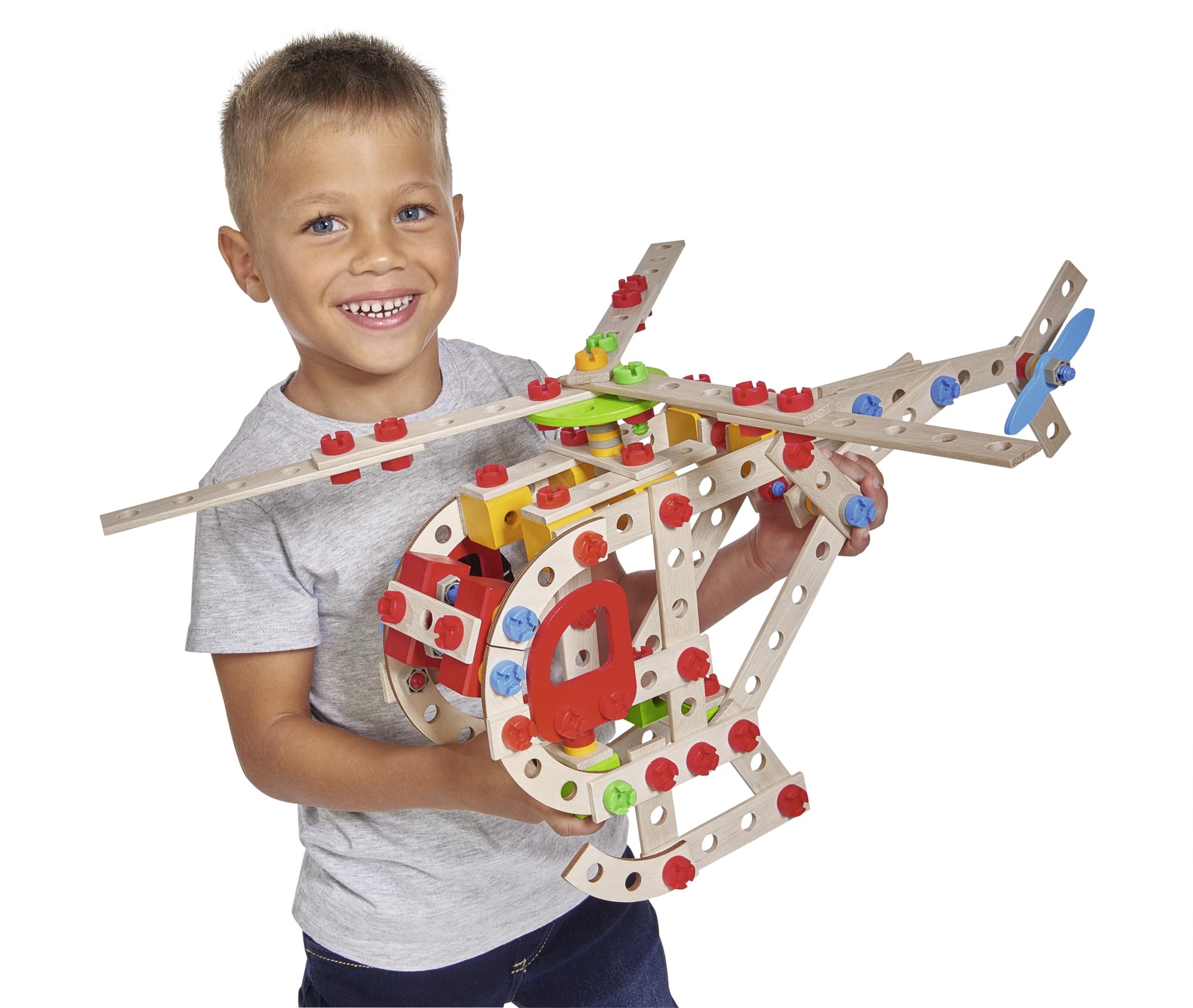 Eichhorn-100039098 Constructor Helicóptero – Juguete de Madera versátil, 225 Piezas, 5 construcciones carbón (100039098)