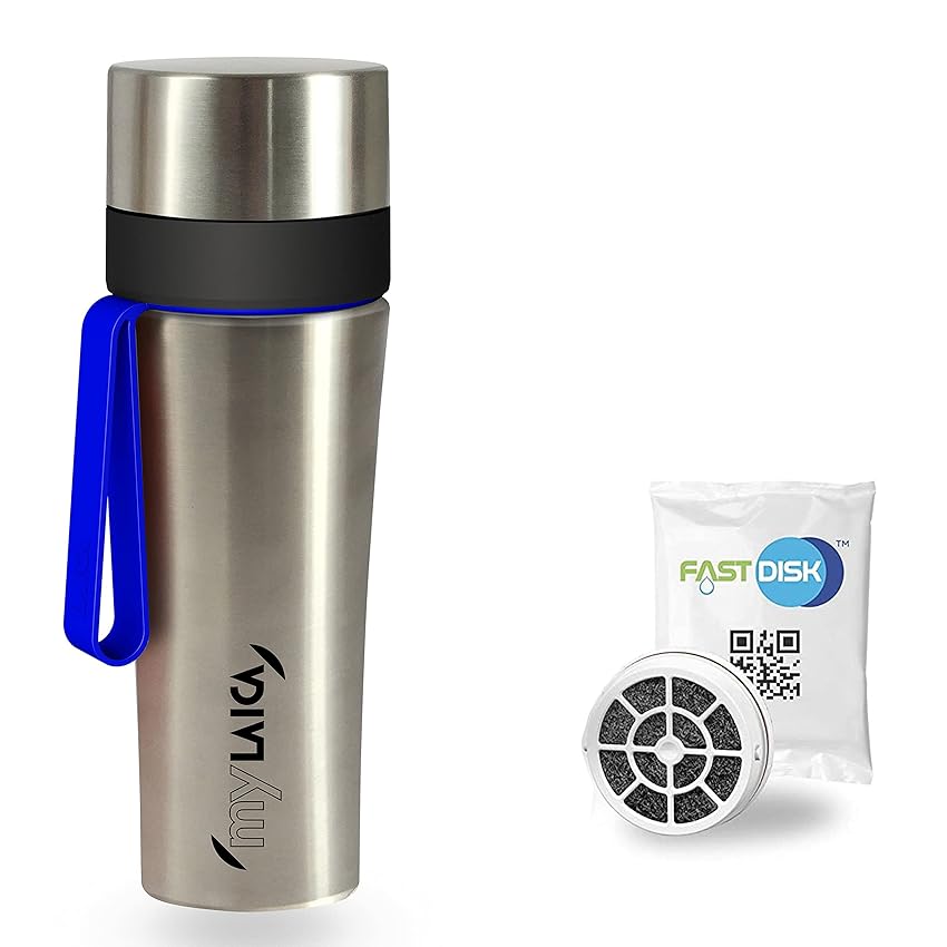 Laica MyLaica Borraccia Personal Deportiva, 0,5 L, Acero Inoxidable, Filtrante, Cromo con Blu