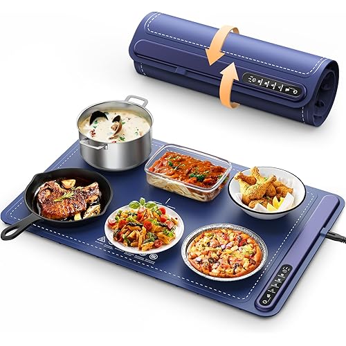 Food Warming Mat - Fast Heating Silicone Electric Warming Tray with 4 Level Temperature, Raised Feet Protects Table, Roll Up Buffet Hot Plates Heat Pad, Portable Food Warmer for Parties Home Travel