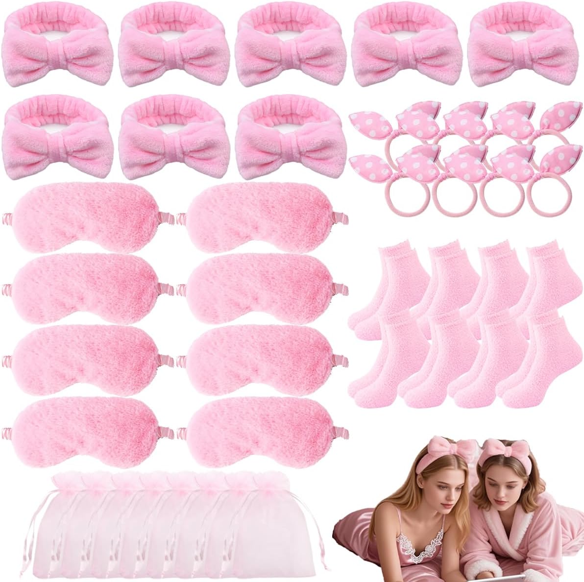 40PCS Sleepover Spa Party Supplies for Girls Women, 8 Bow Headbands 8 Eye Masks 8 Socks 8 Scrunchies 8 Organza Bags for Slumber Pajama Party Favors Gifts