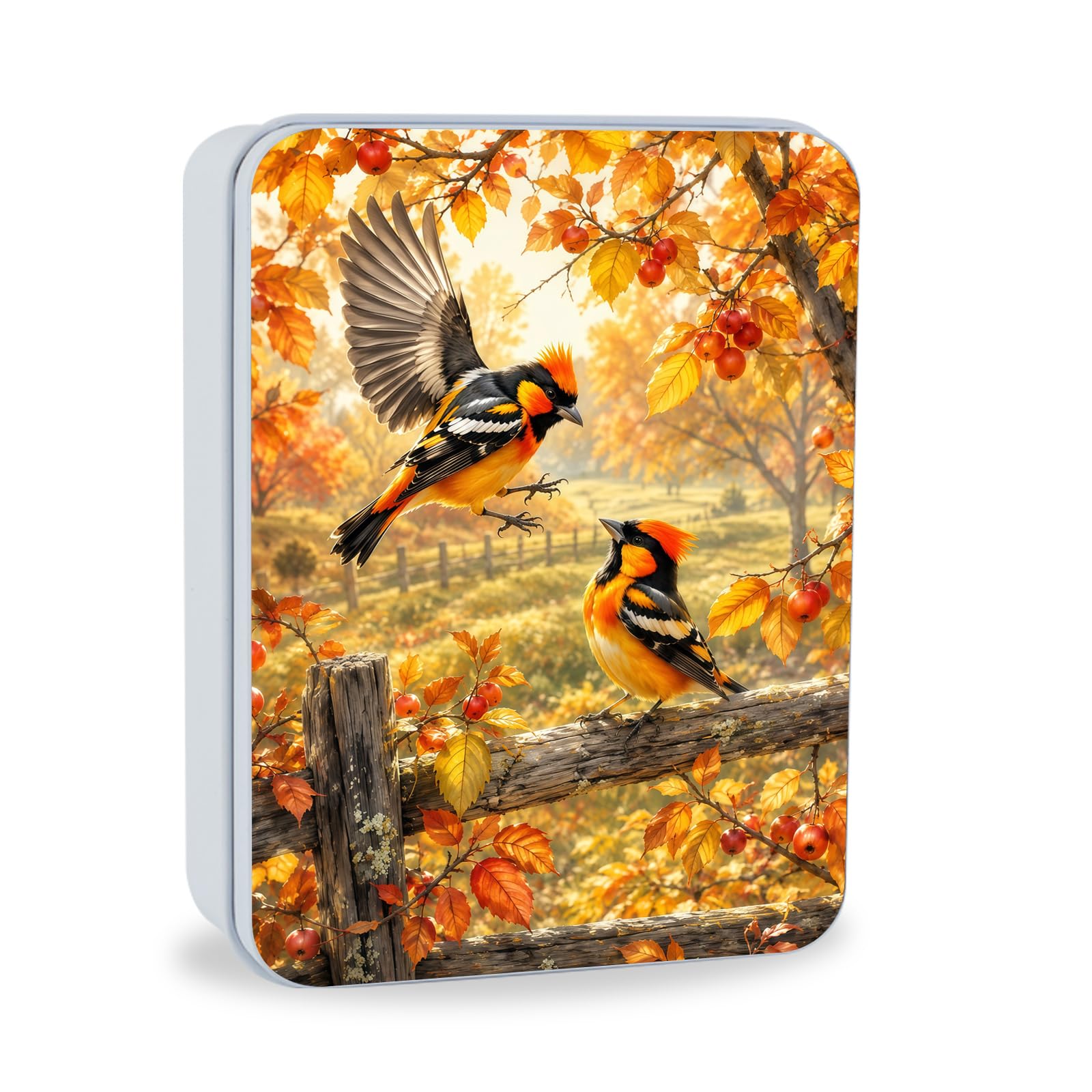 Decorative Metal Tin Box with Lid,Autumn Birds Golden Organizer