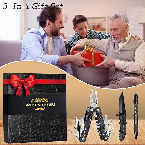 Miniatura 9 de Regalos multiherramienta para padre, juego de regalo con alicates multiherramienta 14 en 1, cuchillo de bolsillo y bolígrafo táctico, kit de