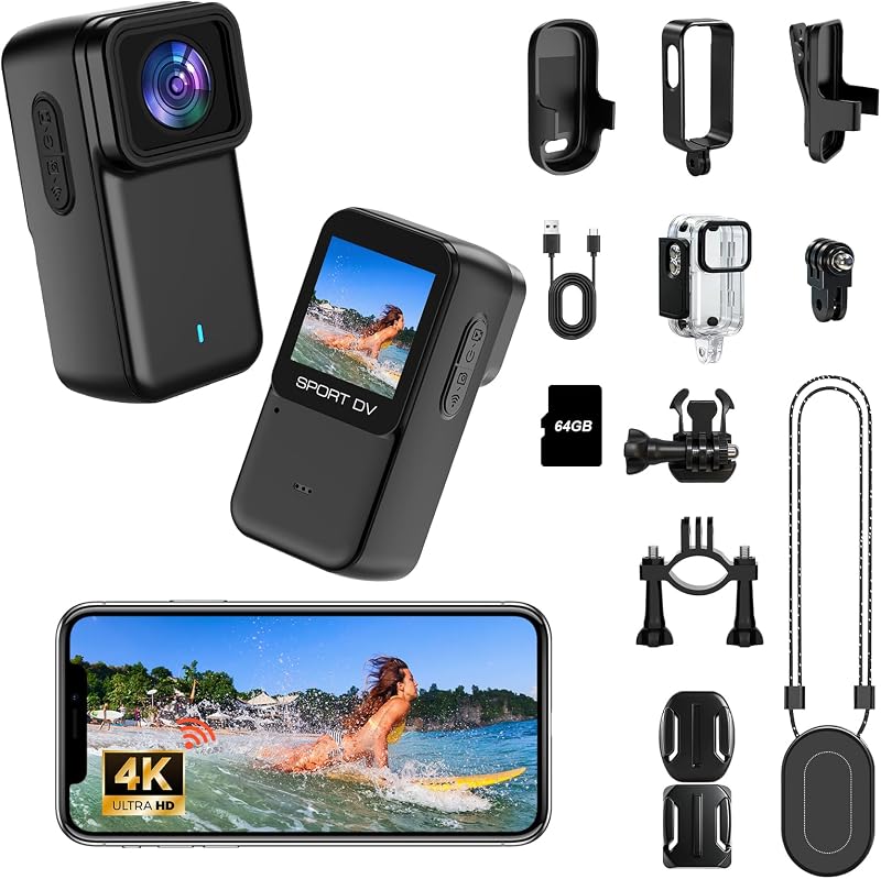 Mini cámara de acción 4K con pantalla, cámara corporal impermeable con Wi-Fi, cámaras de pulgar con soporte magnético, cámara de cuerpo pequeño para vlogging, videocámara POV portátil para ciclismo, viajes, deportes al aire libre 64G